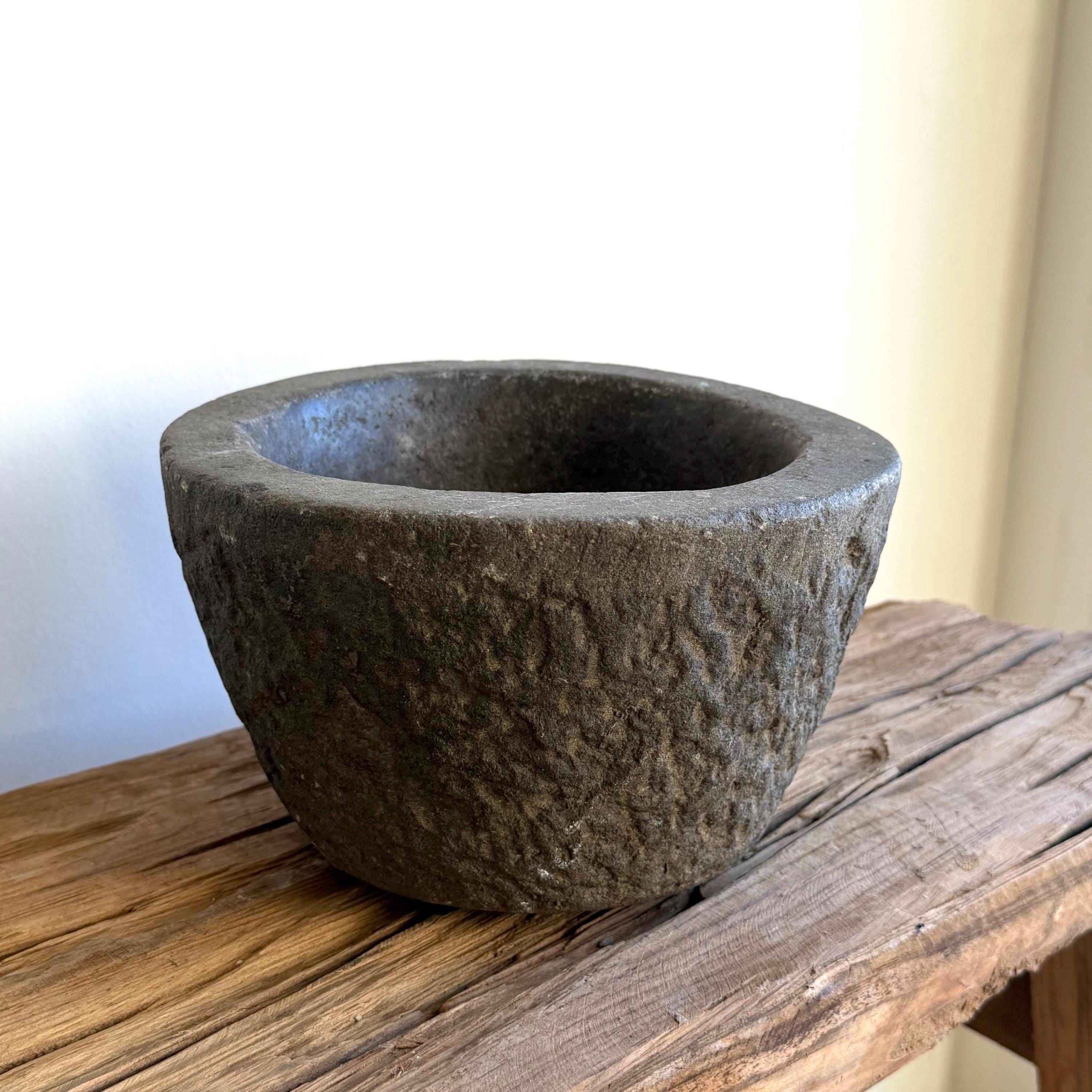 Antique Heavy Stone Mortar Planter | Vintage Hand-Carved Limestone Bowl