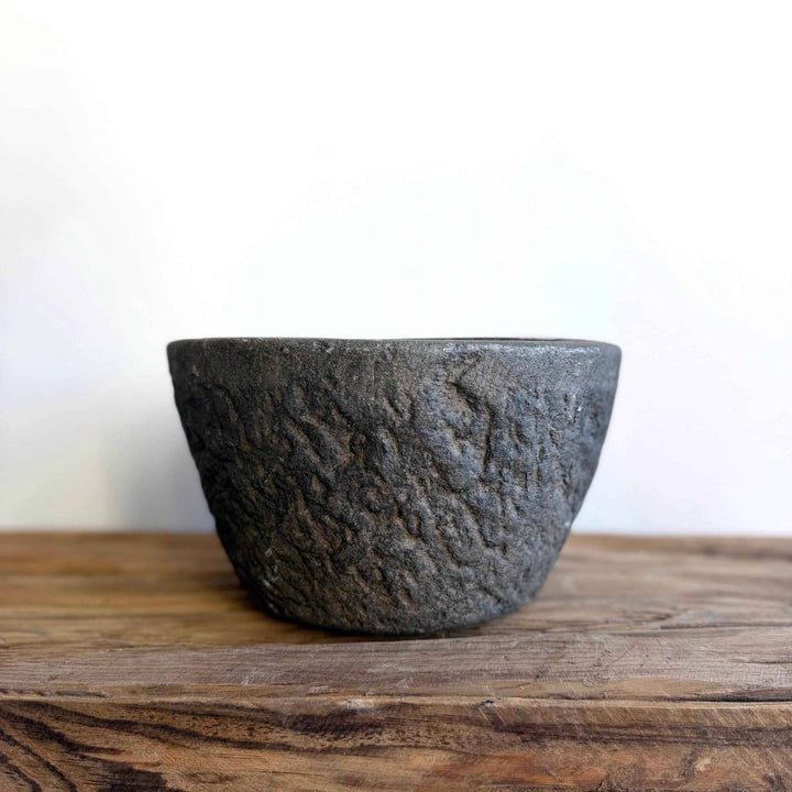 Antique Heavy Stone Mortar Planter | Vintage Hand-Carved Limestone Bowl