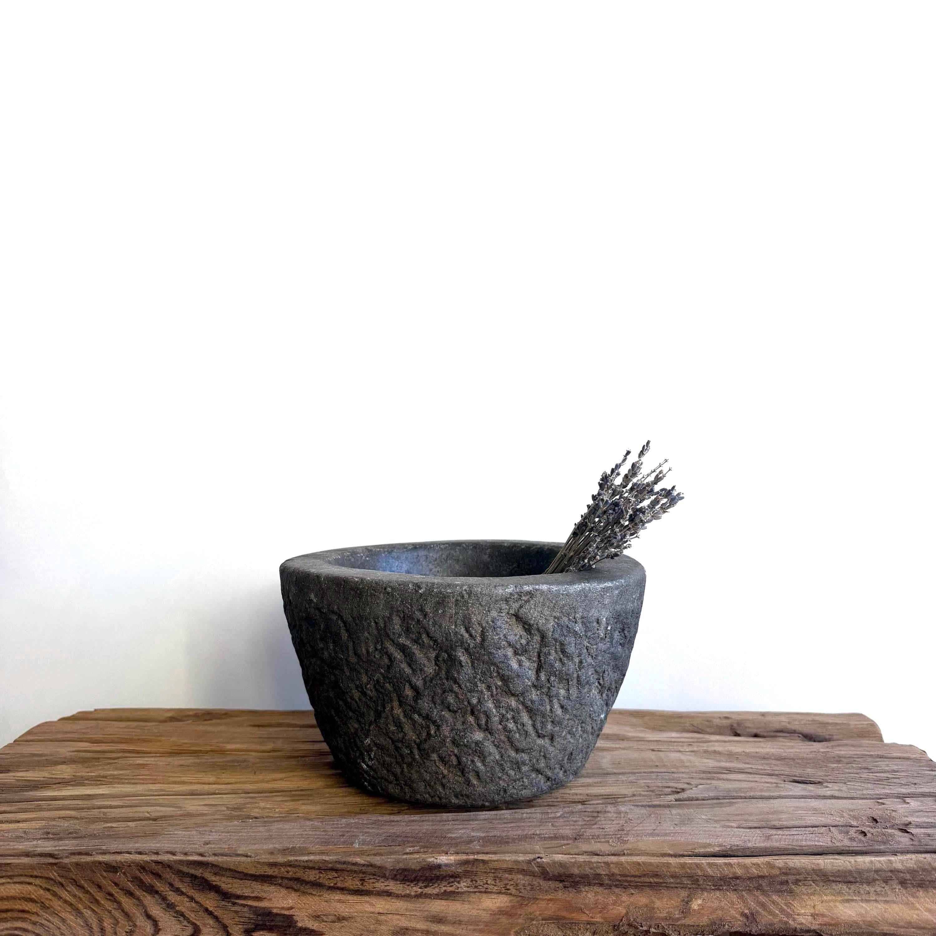 Antique Heavy Stone Mortar Planter | Vintage Hand-Carved Limestone Bowl
