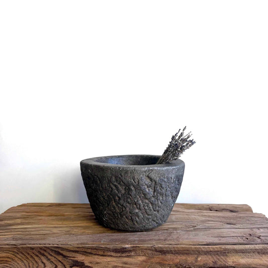 Antique Heavy Stone Mortar Planter | Vintage Hand-Carved Limestone Bowl