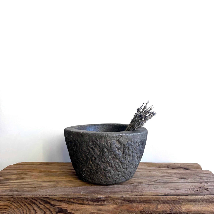 Antique Heavy Stone Mortar Planter | Vintage Hand-Carved Limestone Bowl