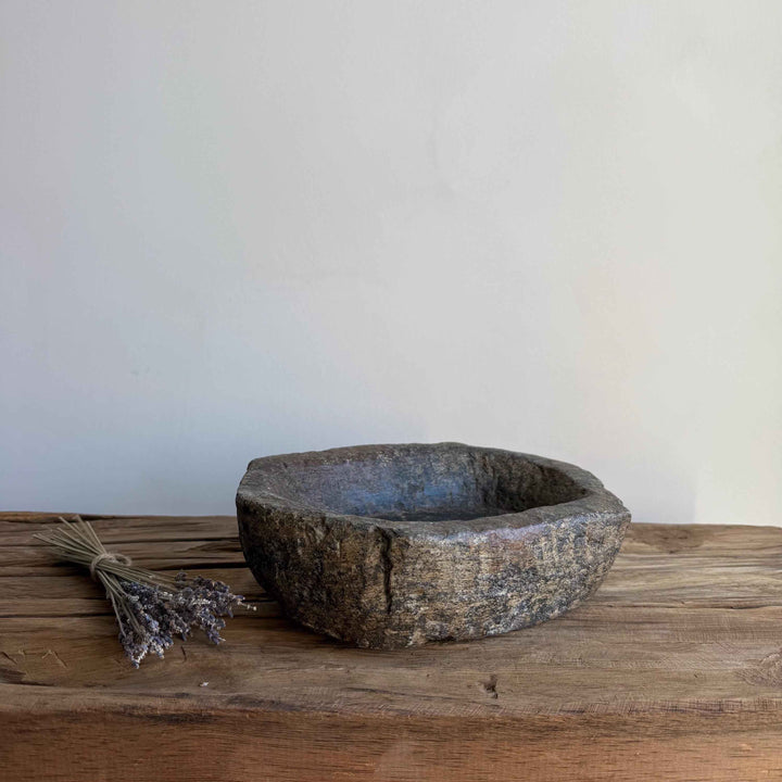 Vintage Marble Kharal 9.5" Stone Tray, Antique Limestone Carved Oval Tray, Primitive Stone Centerpiece