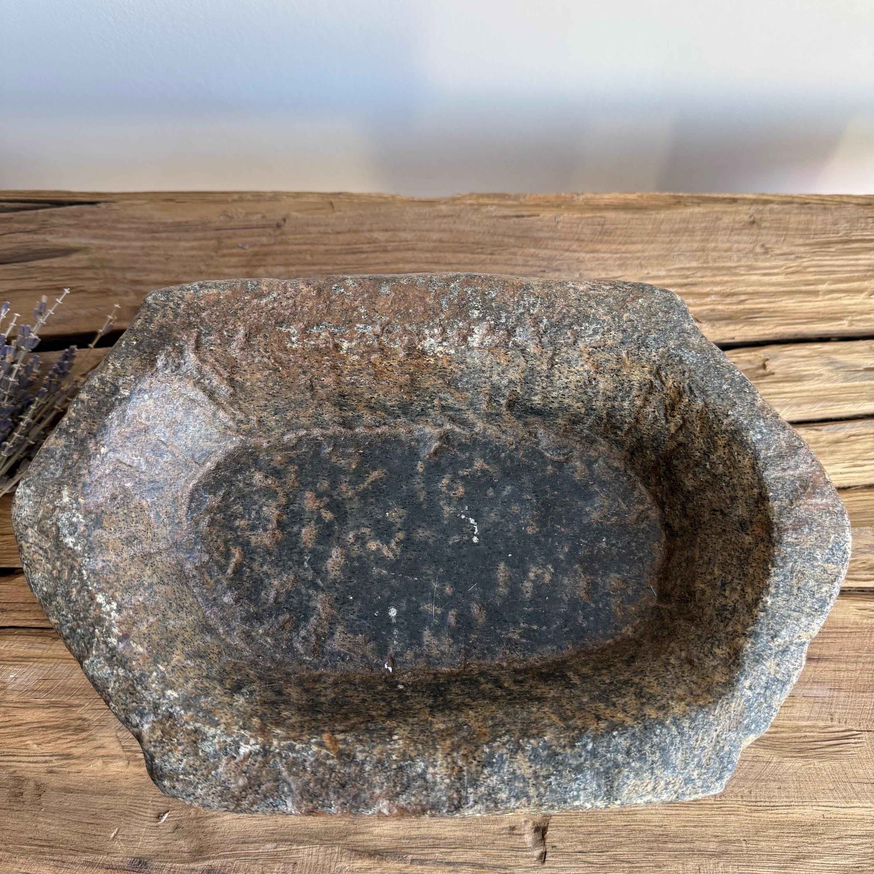 Vintage Marble Kharal 9.5" Stone Tray, Antique Limestone Carved Oval Tray, Primitive Stone Centerpiece