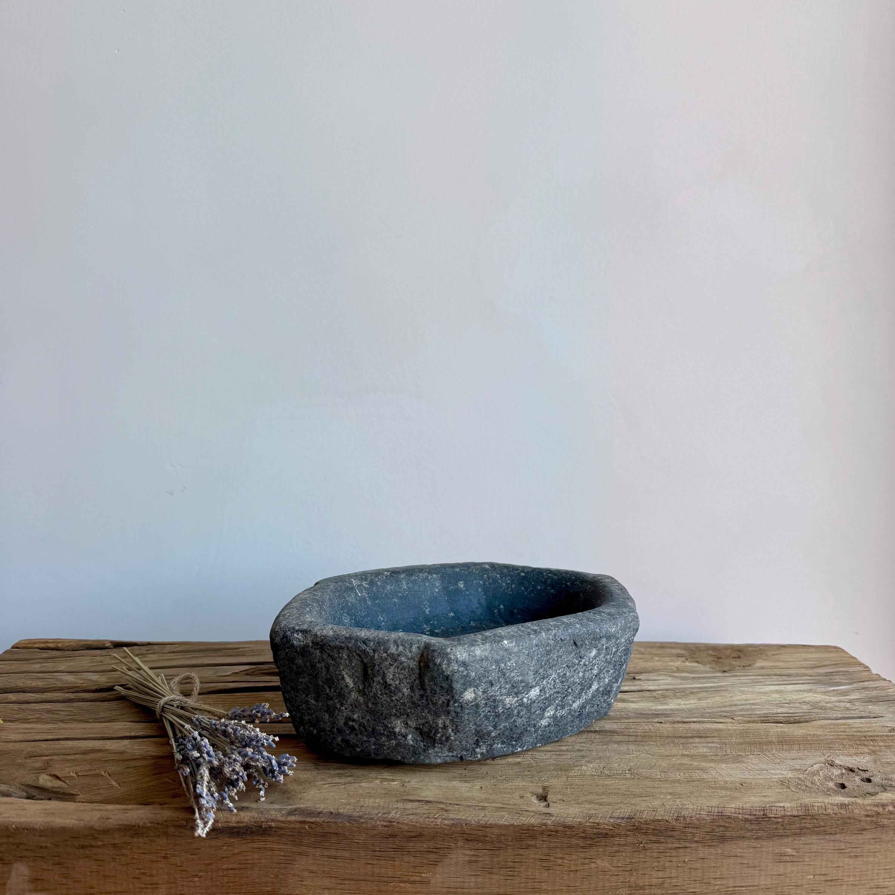 Vintage Marble Kharal 9" Stone Tray, Antique Limestone Carved Oval Tray, Primitive Stone Centerpiece