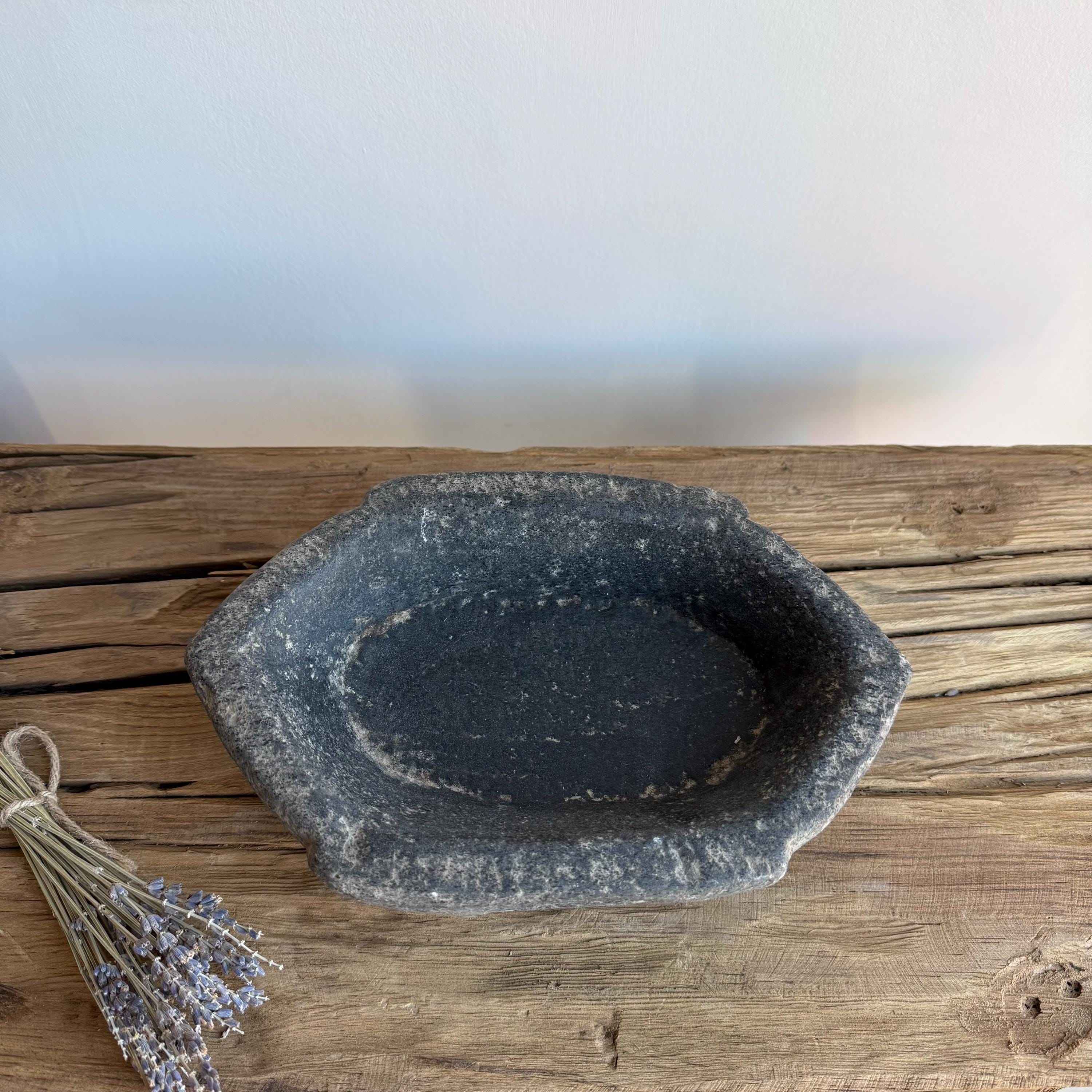 Vintage Marble Kharal 9" Stone Tray, Antique Limestone Carved Oval Tray, Primitive Stone Centerpiece