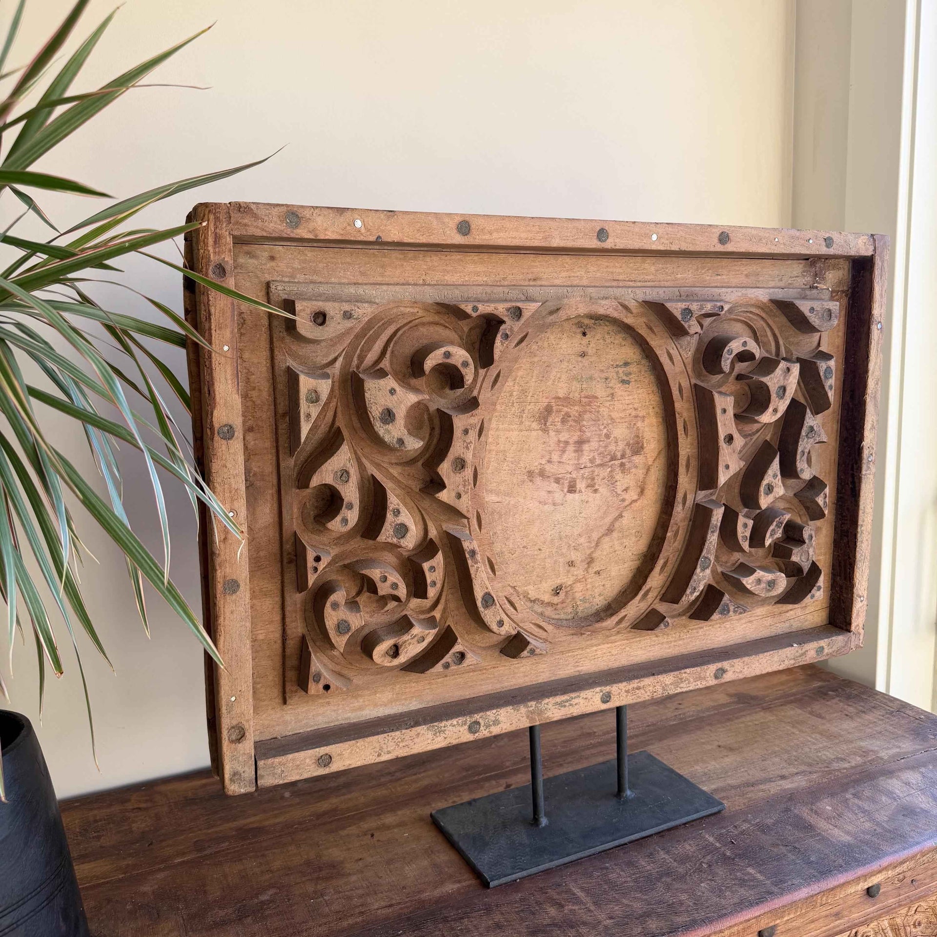 Antique Cement Mold 26" with Stand, Vintage Wooden Concrete Mold, Console Decor