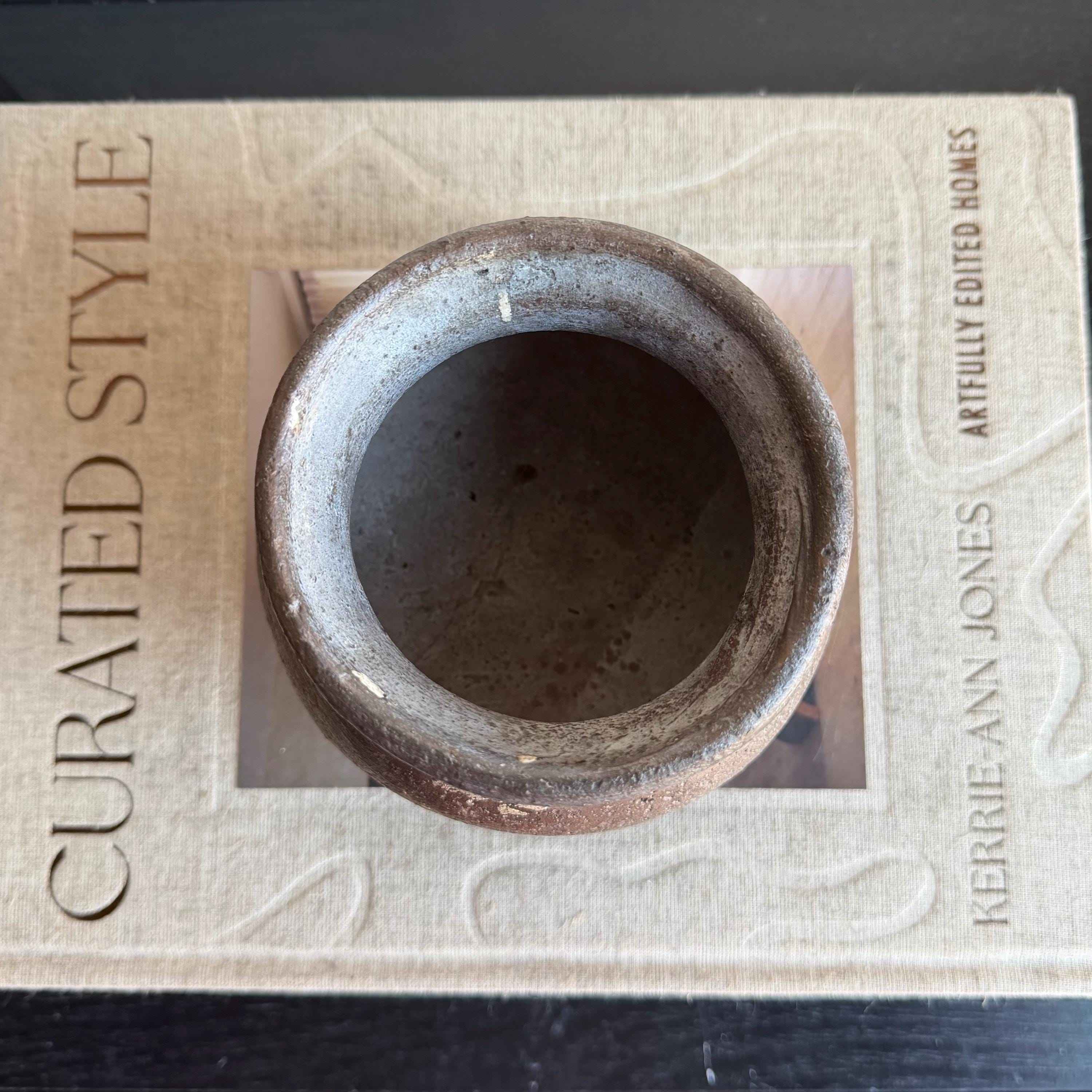 Small Vintage Clay Pot Vessel with Iron Stand |  Rustic Terracotta Mini Planter