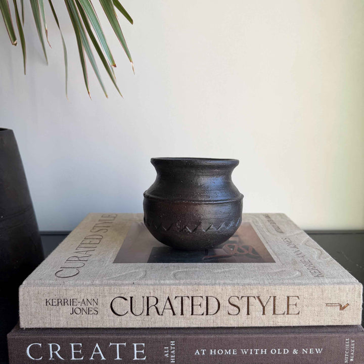 Small Vintage Clay Pot Vessel with Iron Stand |  Rustic Terracotta Mini Planter