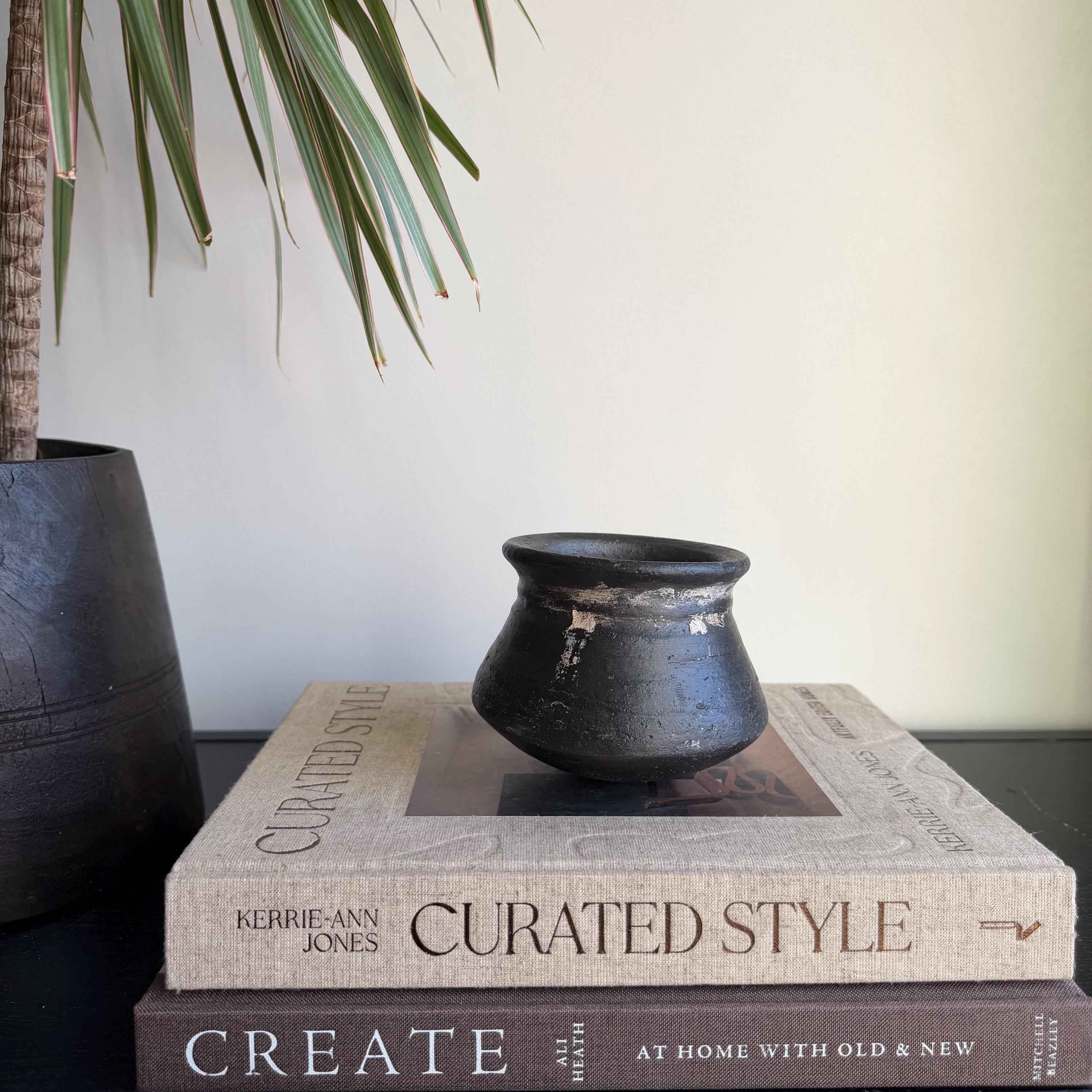 Small Vintage Clay Pot Vessel with Iron Stand |  Rustic Terracotta Mini Planter