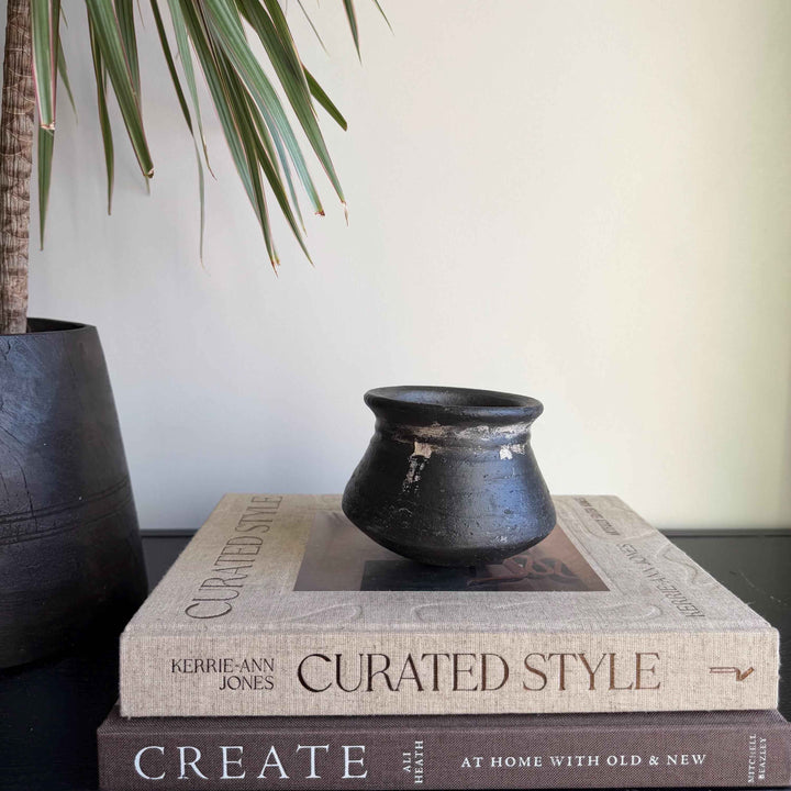 Small Vintage Clay Pot Vessel with Iron Stand |  Rustic Terracotta Mini Planter