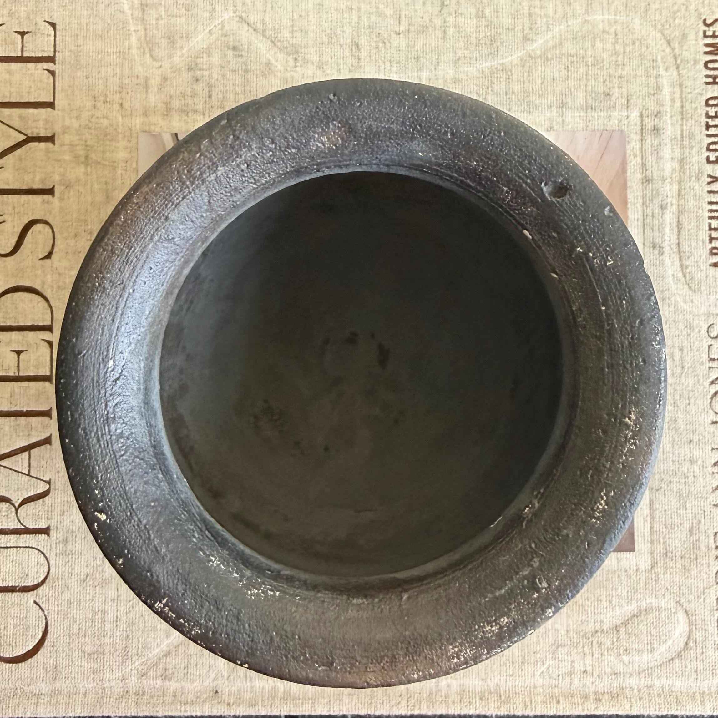 Small Vintage Clay Pot Vessel with Iron Stand |  Rustic Terracotta Mini Planter