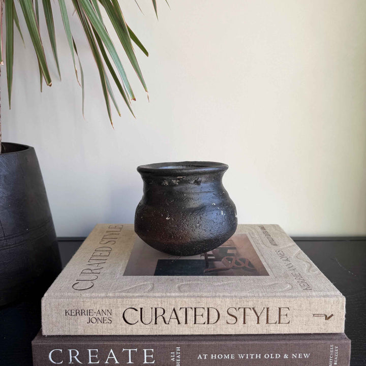 Small Vintage Clay Pot Vessel with Iron Stand |  Rustic Terracotta Mini Planter