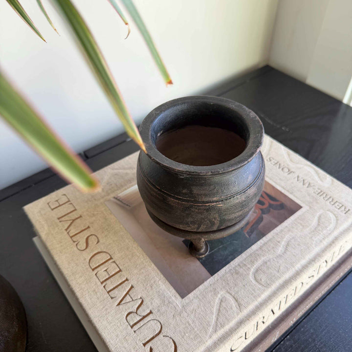 Small Vintage Clay Pot Vessel with Iron Stand |  Rustic Terracotta Mini Planter