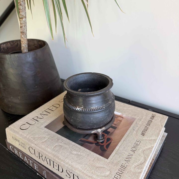 Small Vintage Clay Pot Vessel with Iron Stand |  Rustic Terracotta Mini Planter