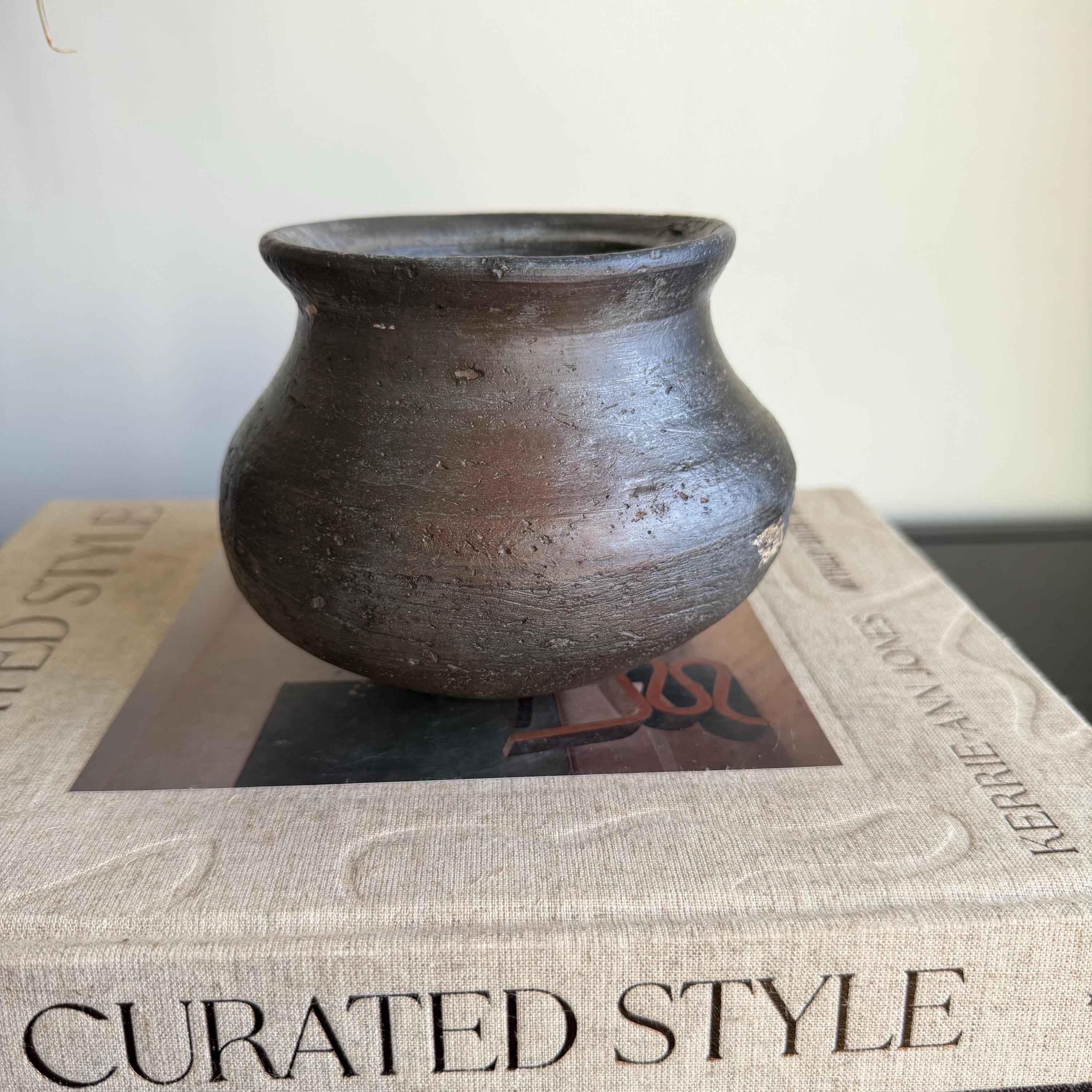 Small Vintage Clay Pot Vessel with Iron Stand |  Rustic Terracotta Mini Planter