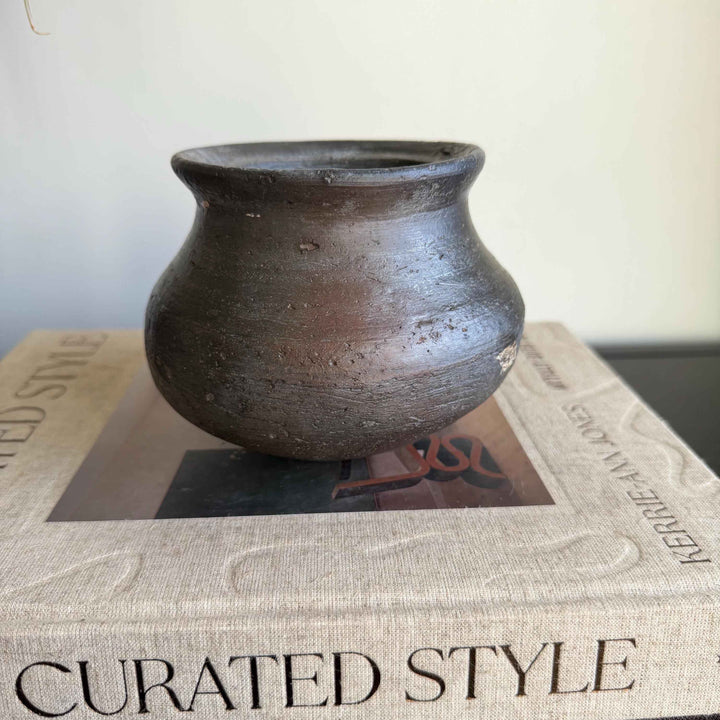 Small Vintage Clay Pot Vessel with Iron Stand |  Rustic Terracotta Mini Planter