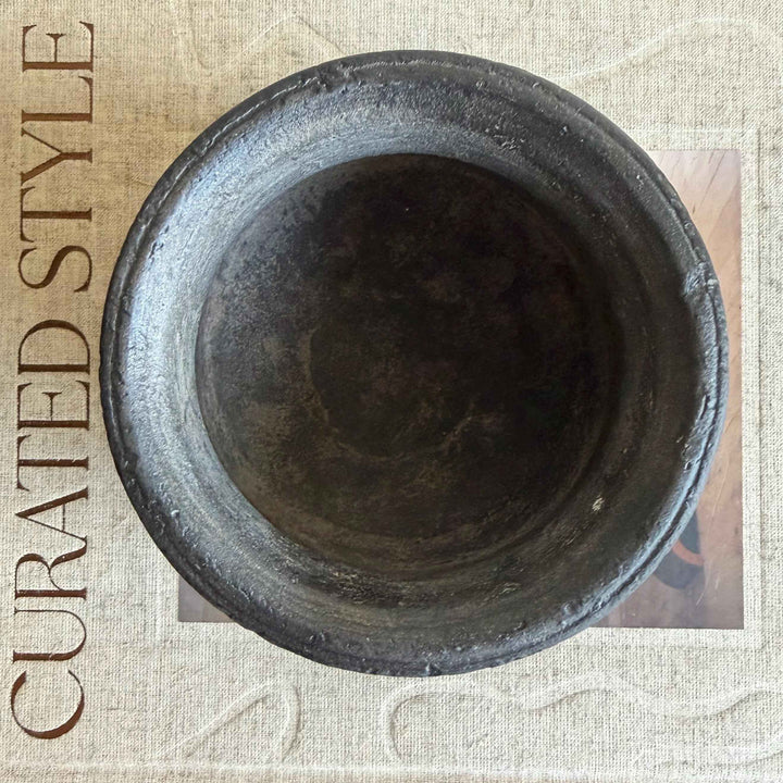 Small Vintage Clay Pot Vessel with Iron Stand |  Rustic Terracotta Mini Planter