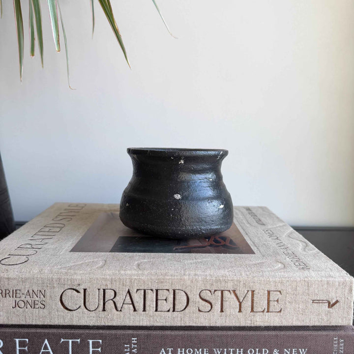 Small Vintage Clay Pot Vessel with Iron Stand |  Rustic Terracotta Mini Planter