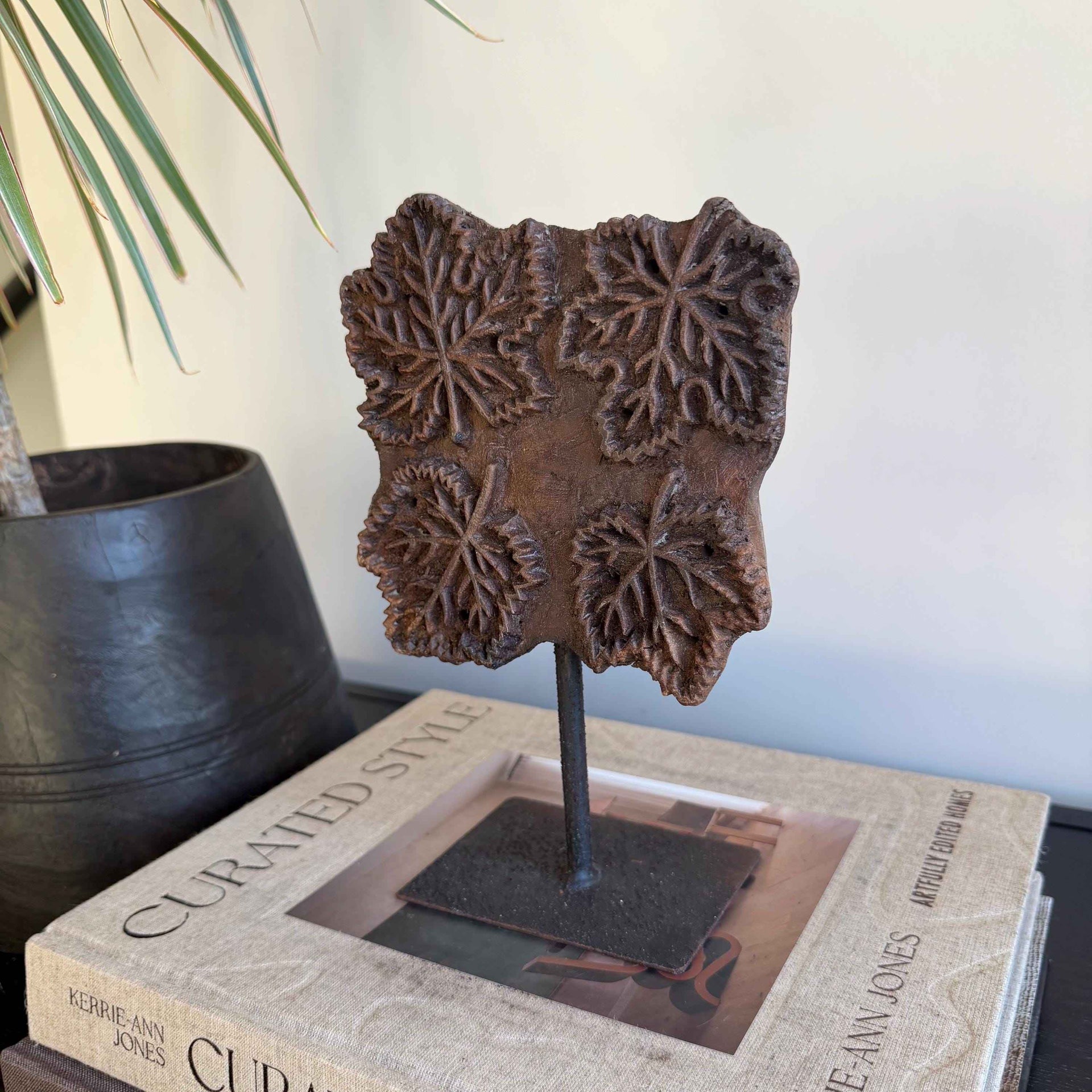 Vintage Wooden Printing Stamp on Iron Stand, Fabric/Textile Print Tool