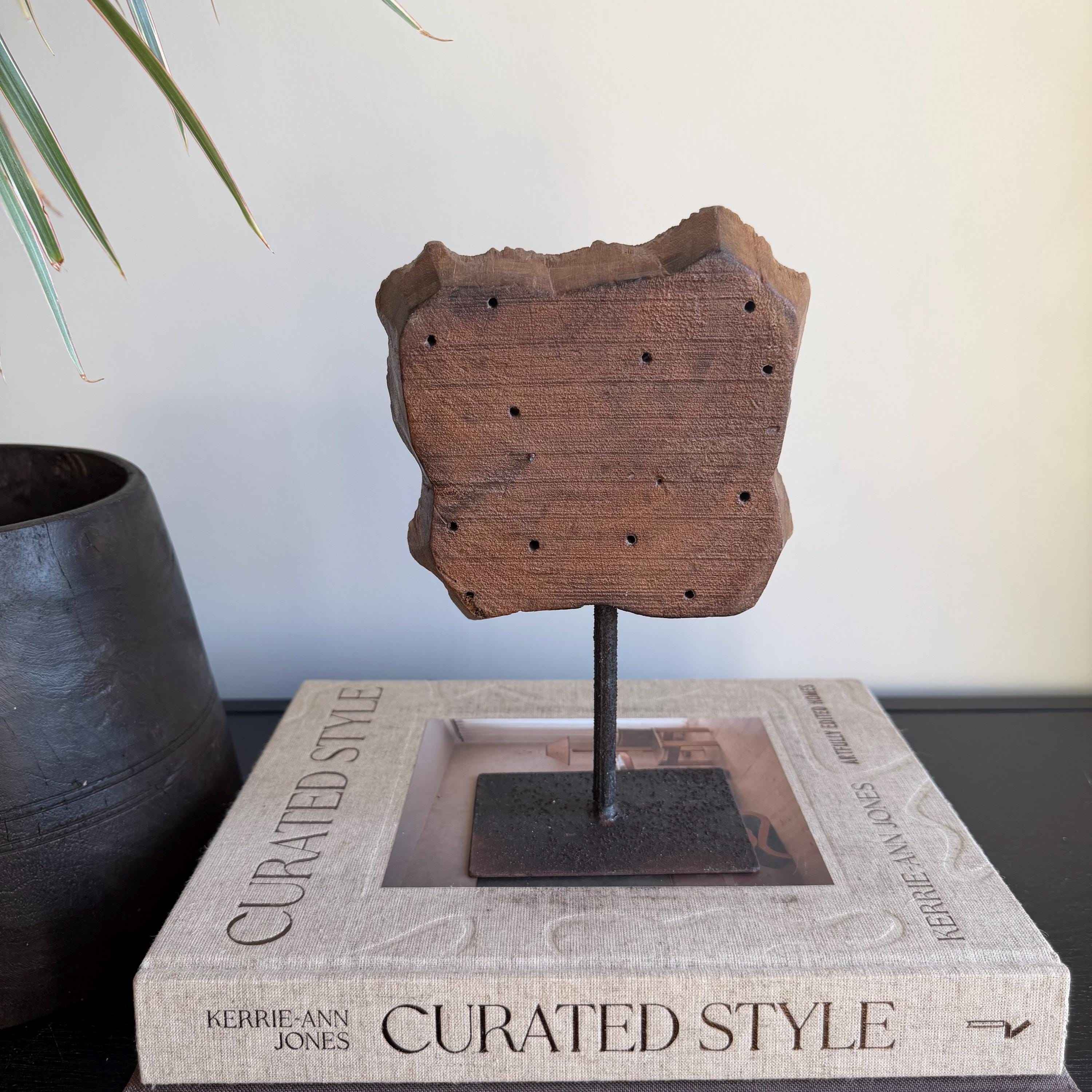 Vintage Wooden Printing Stamp on Iron Stand, Fabric/Textile Print Tool