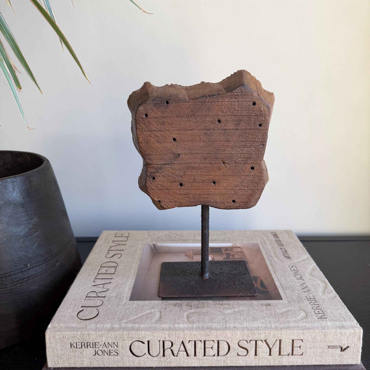 Vintage Wooden Printing Stamp on Iron Stand, Fabric/Textile Print Tool