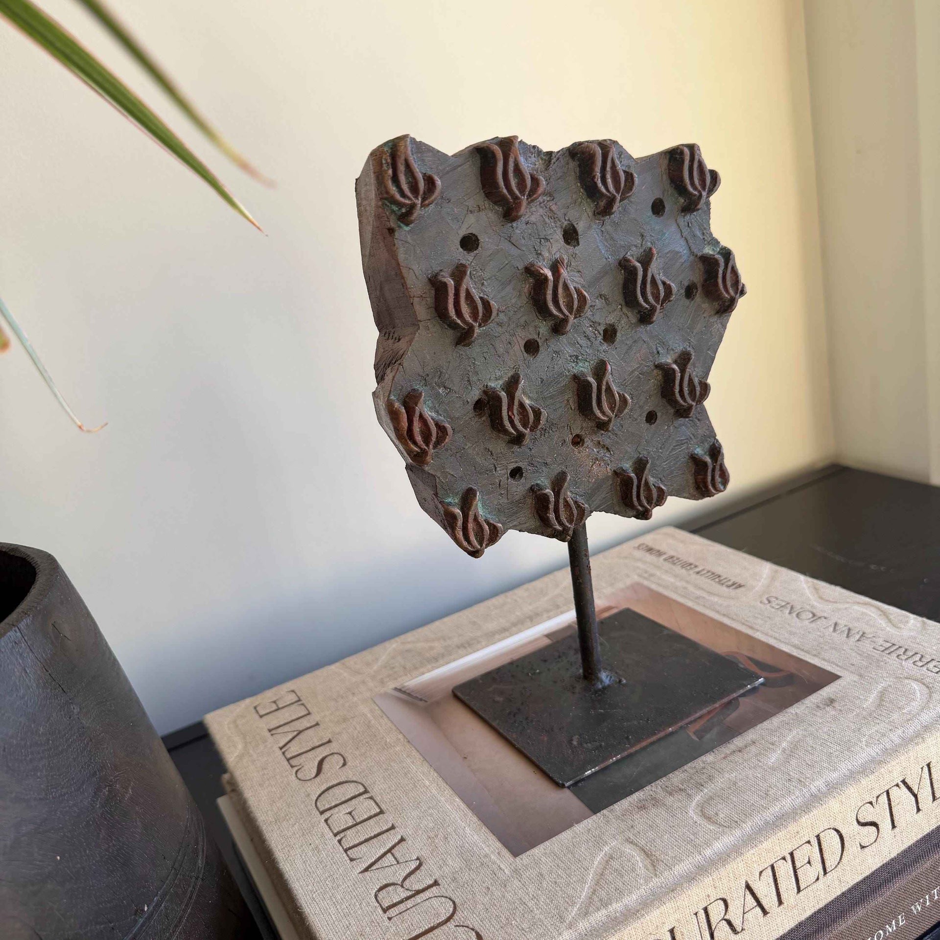 Vintage Wooden Printing Stamp on Iron Stand, Fabric/Textile Print Tool