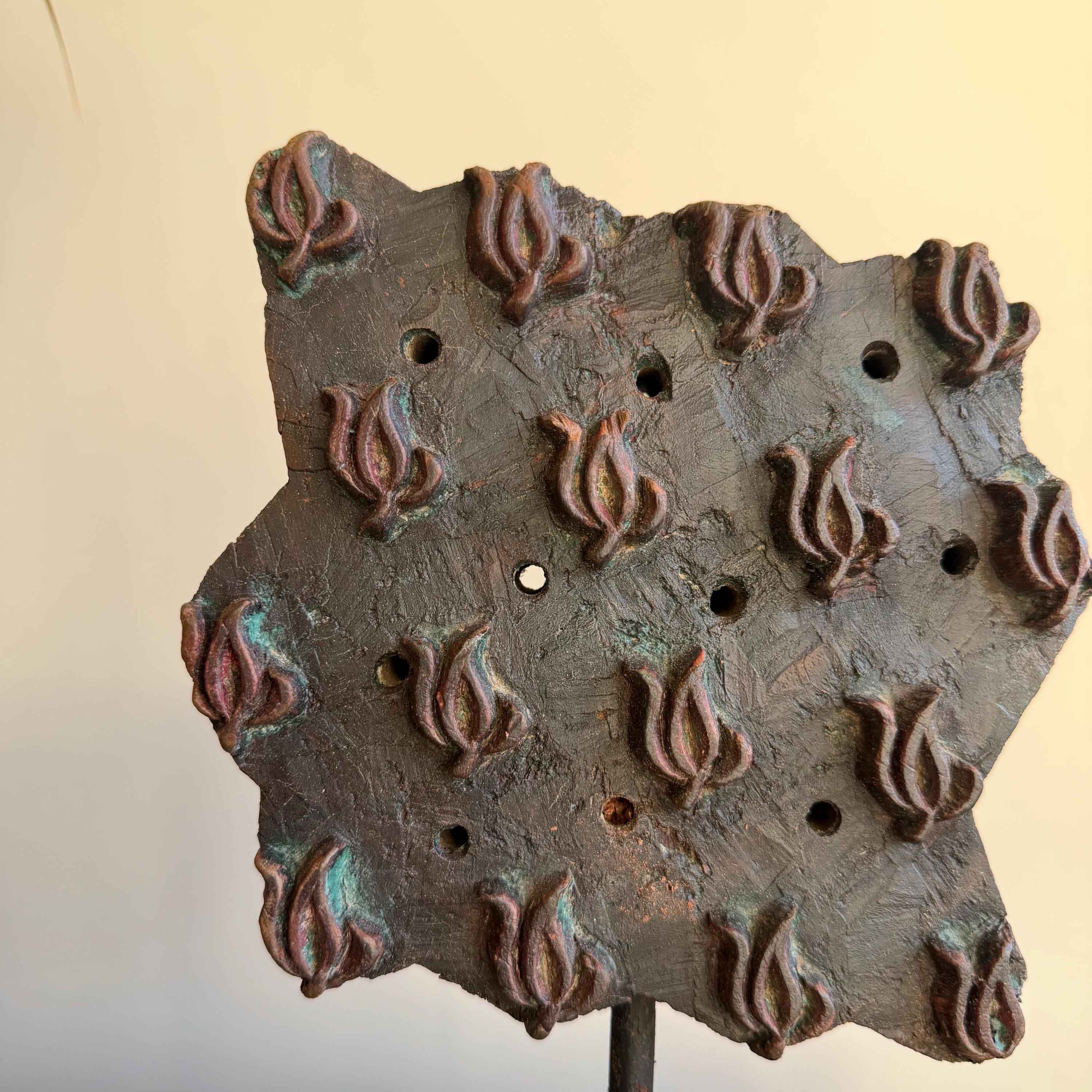 Vintage Wooden Printing Stamp on Iron Stand, Fabric/Textile Print Tool