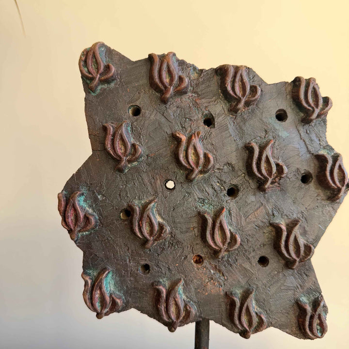 Vintage Wooden Printing Stamp on Iron Stand, Fabric/Textile Print Tool