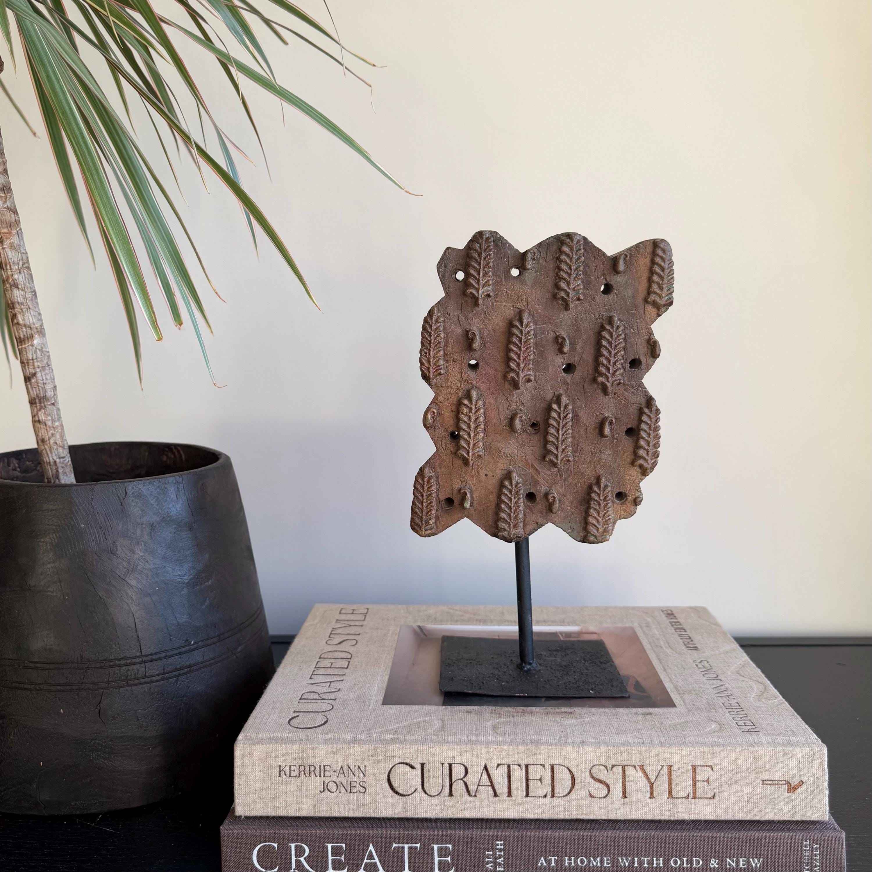 Vintage Wooden Printing Stamp on Iron Stand, Fabric/Textile Print Tool