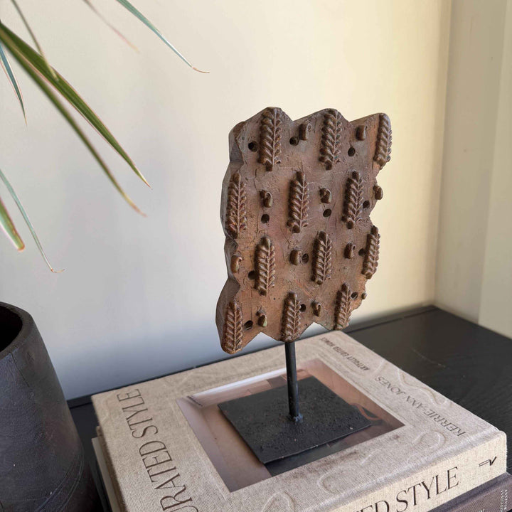 Vintage Wooden Printing Stamp on Iron Stand, Fabric/Textile Print Tool