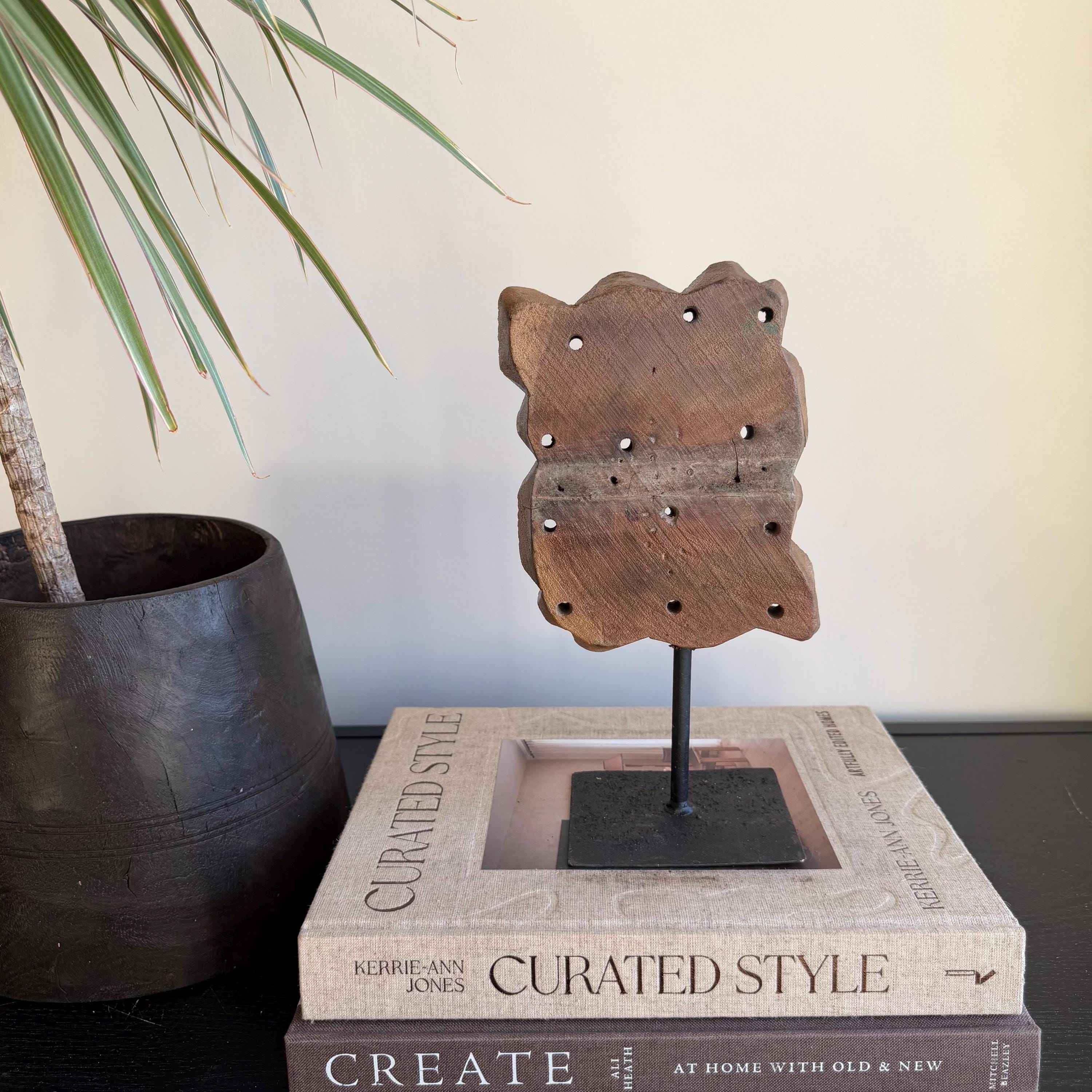 Vintage Wooden Printing Stamp on Iron Stand, Fabric/Textile Print Tool