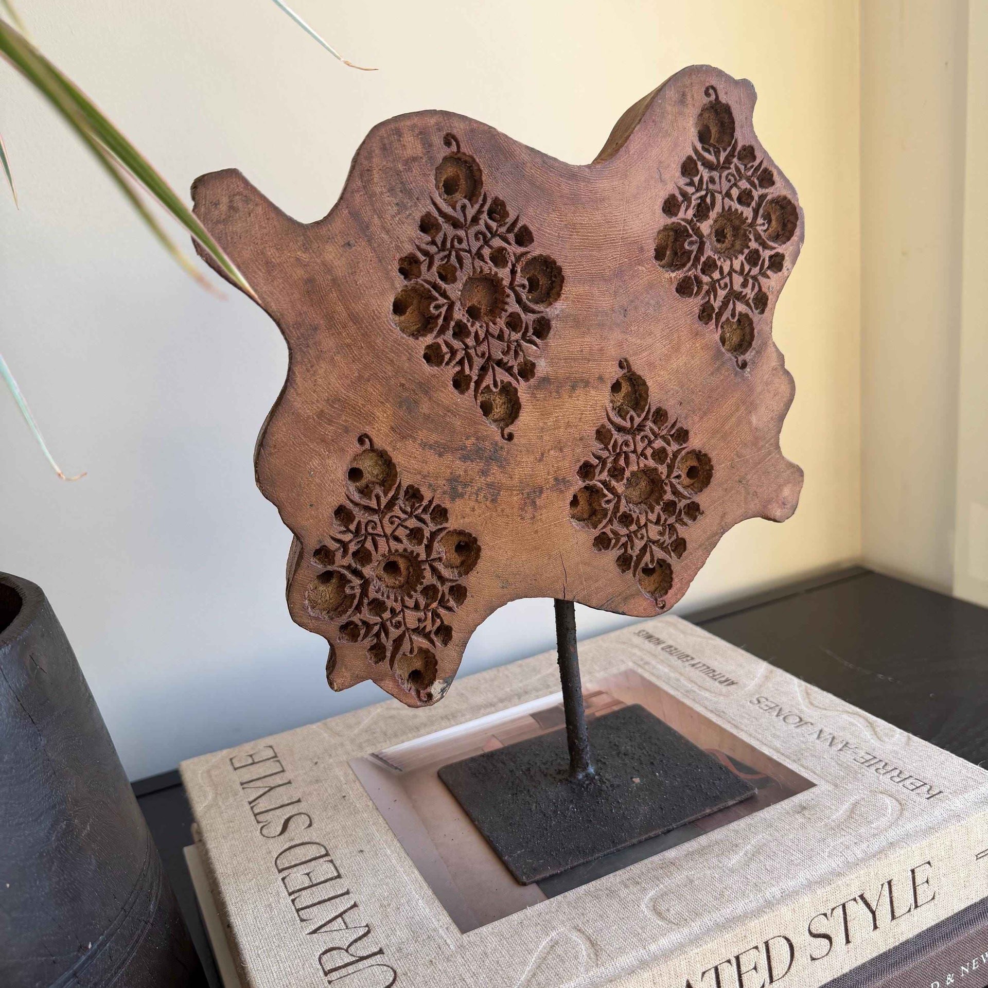 Vintage Wooden Printing Stamp on Iron Stand, Fabric/Textile Print Tool