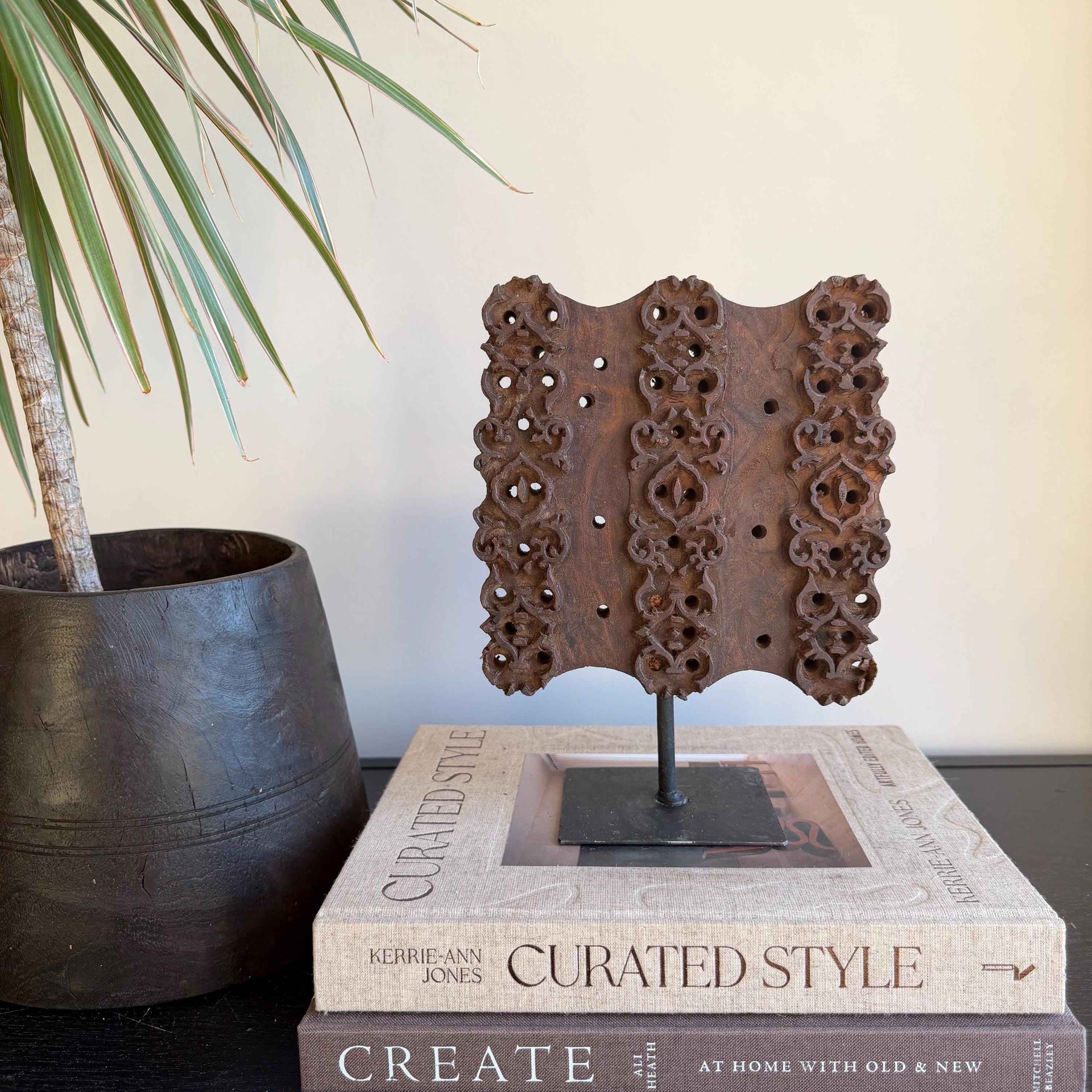 Vintage Wooden Printing Stamp on Iron Stand, Fabric/Textile Print Tool