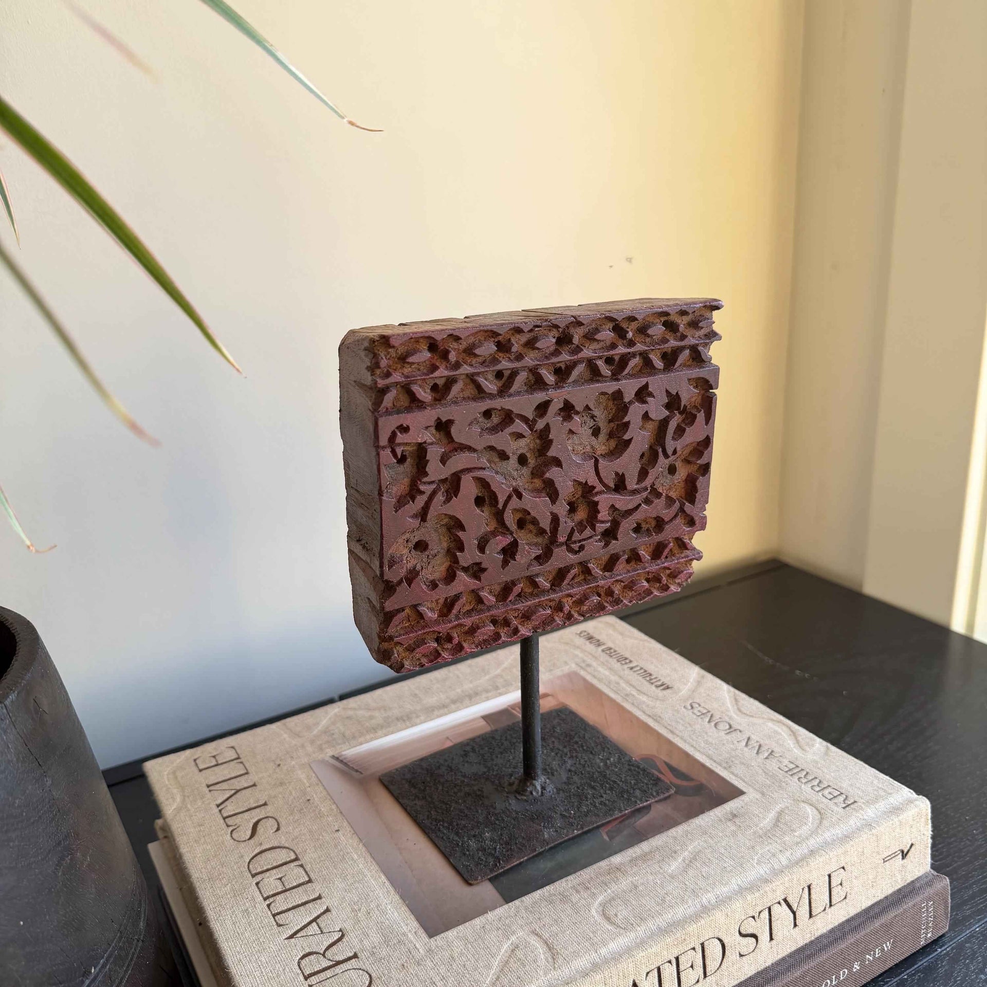 Vintage Wooden Printing Stamp on Iron Stand, Fabric/Textile Print Tool