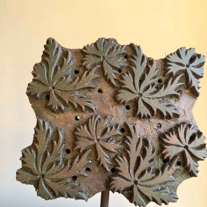 Vintage Wooden Printing Stamp on Iron Stand, Fabric/Textile Print Tool