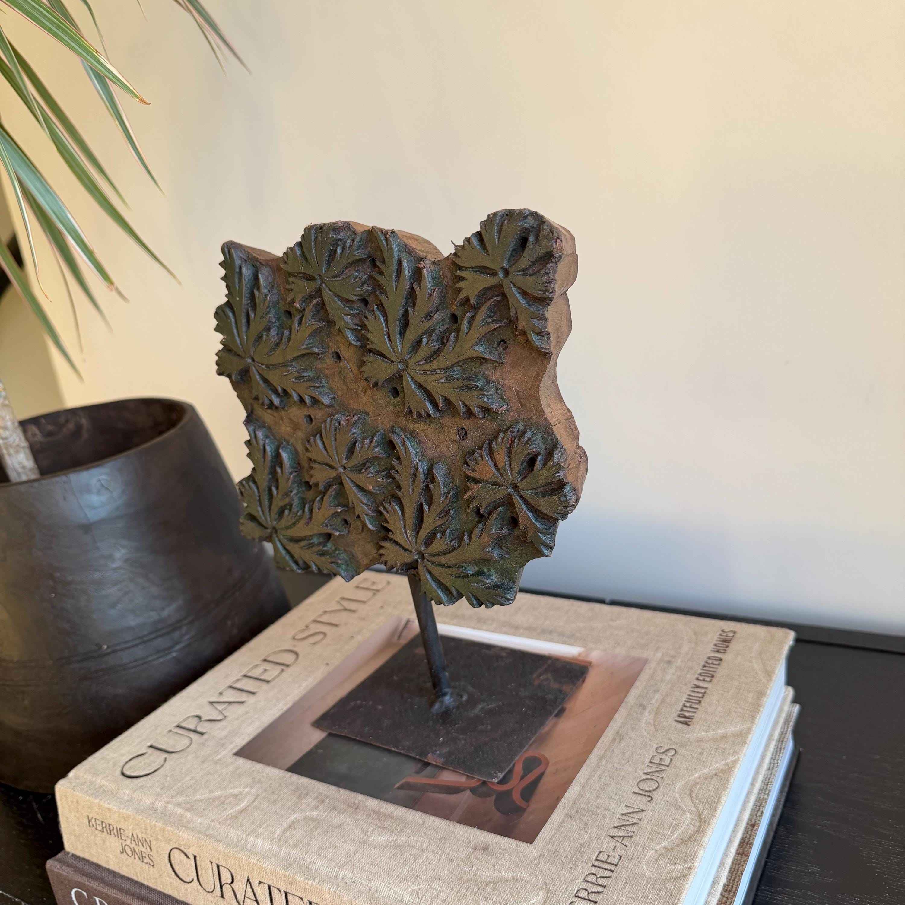 Vintage Wooden Printing Stamp on Iron Stand, Fabric/Textile Print Tool