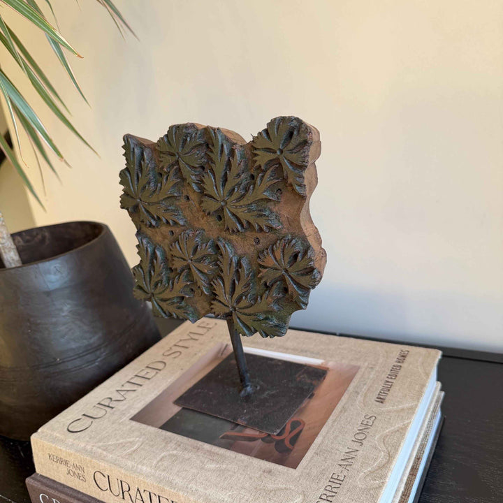 Vintage Wooden Printing Stamp on Iron Stand, Fabric/Textile Print Tool