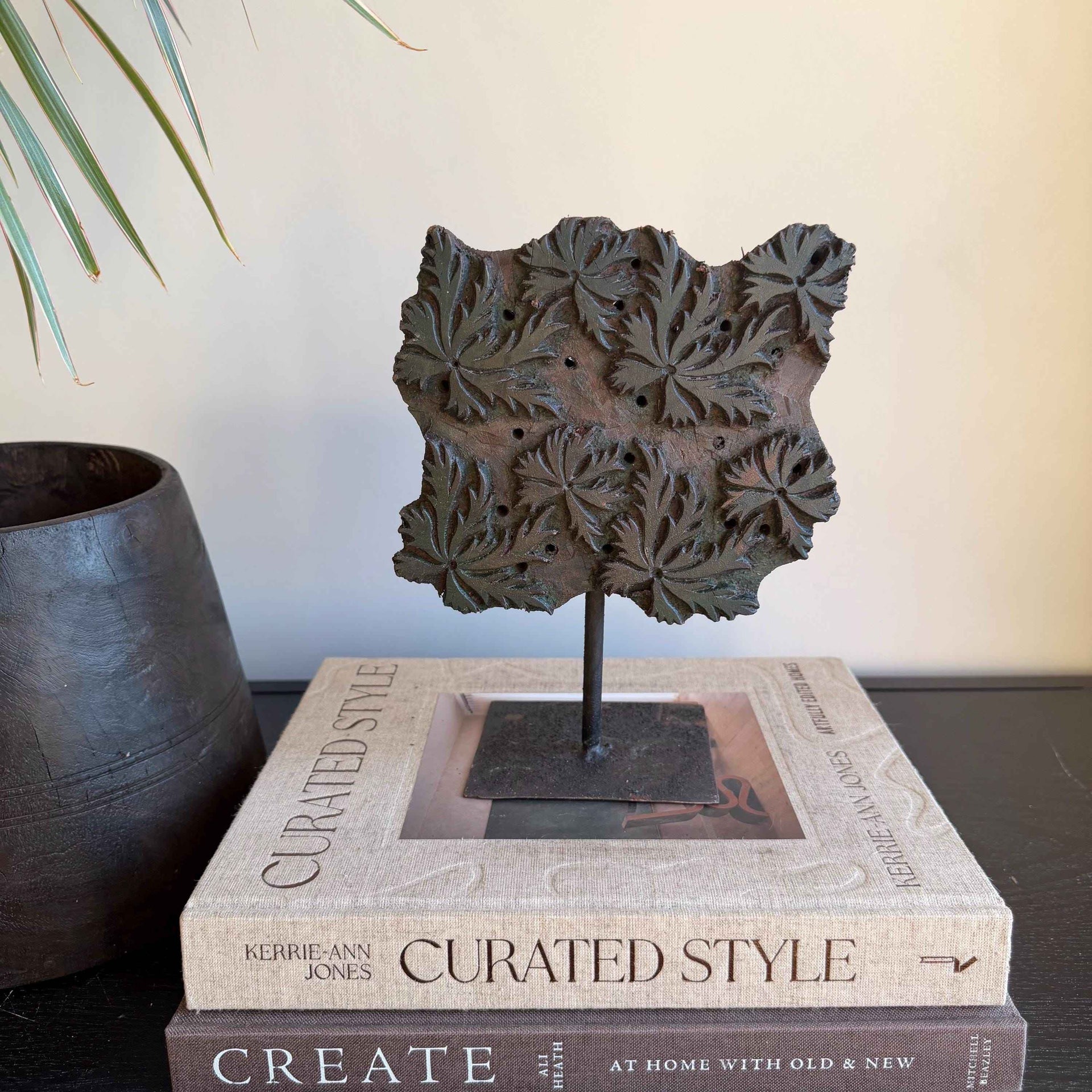 Vintage Wooden Printing Stamp on Iron Stand, Fabric/Textile Print Tool