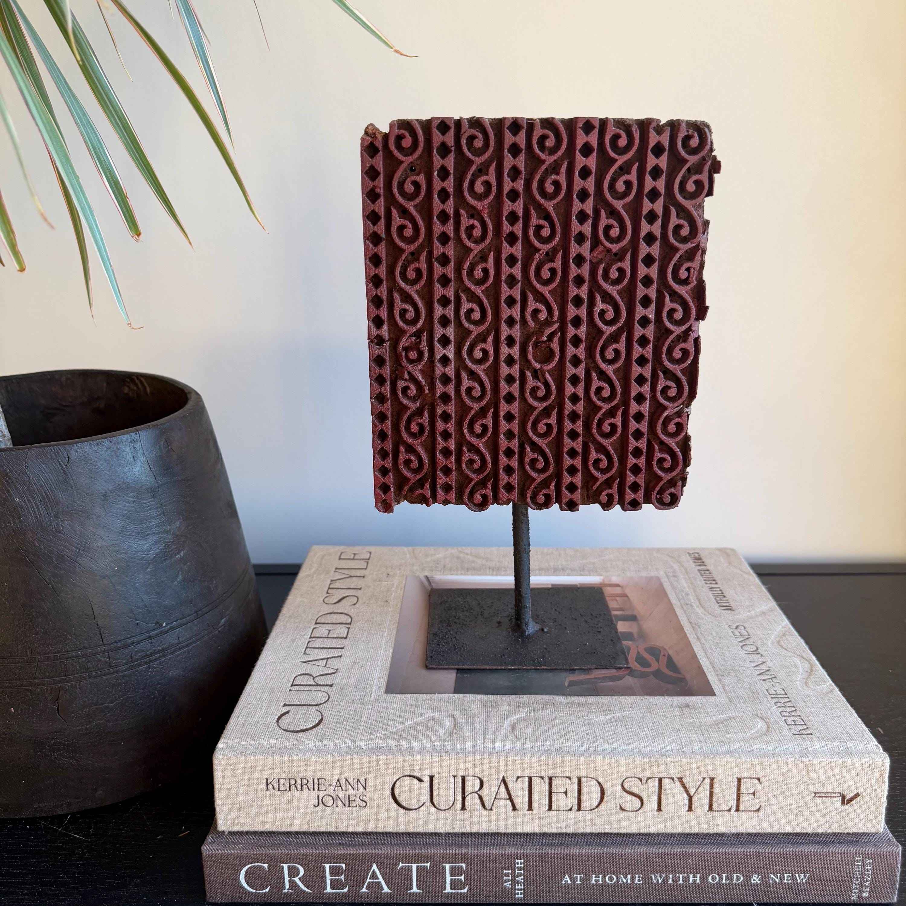 Vintage Wooden Printing Stamp on Iron Stand, Fabric/Textile Print Tool