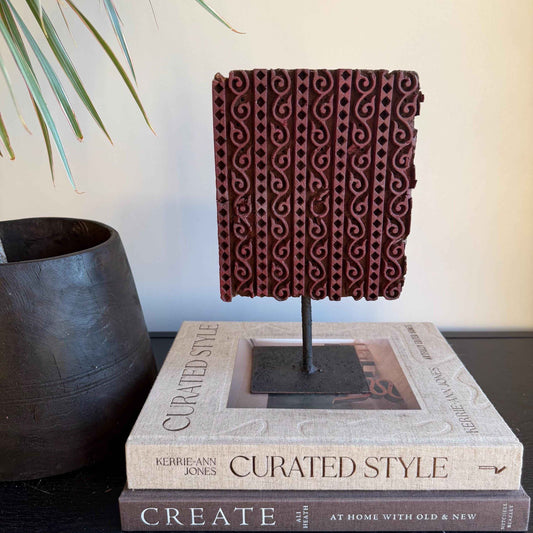 Vintage Wooden Printing Stamp on Iron Stand, Fabric/Textile Print Tool