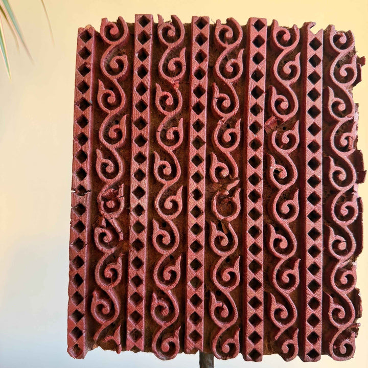 Vintage Wooden Printing Stamp on Iron Stand, Fabric/Textile Print Tool