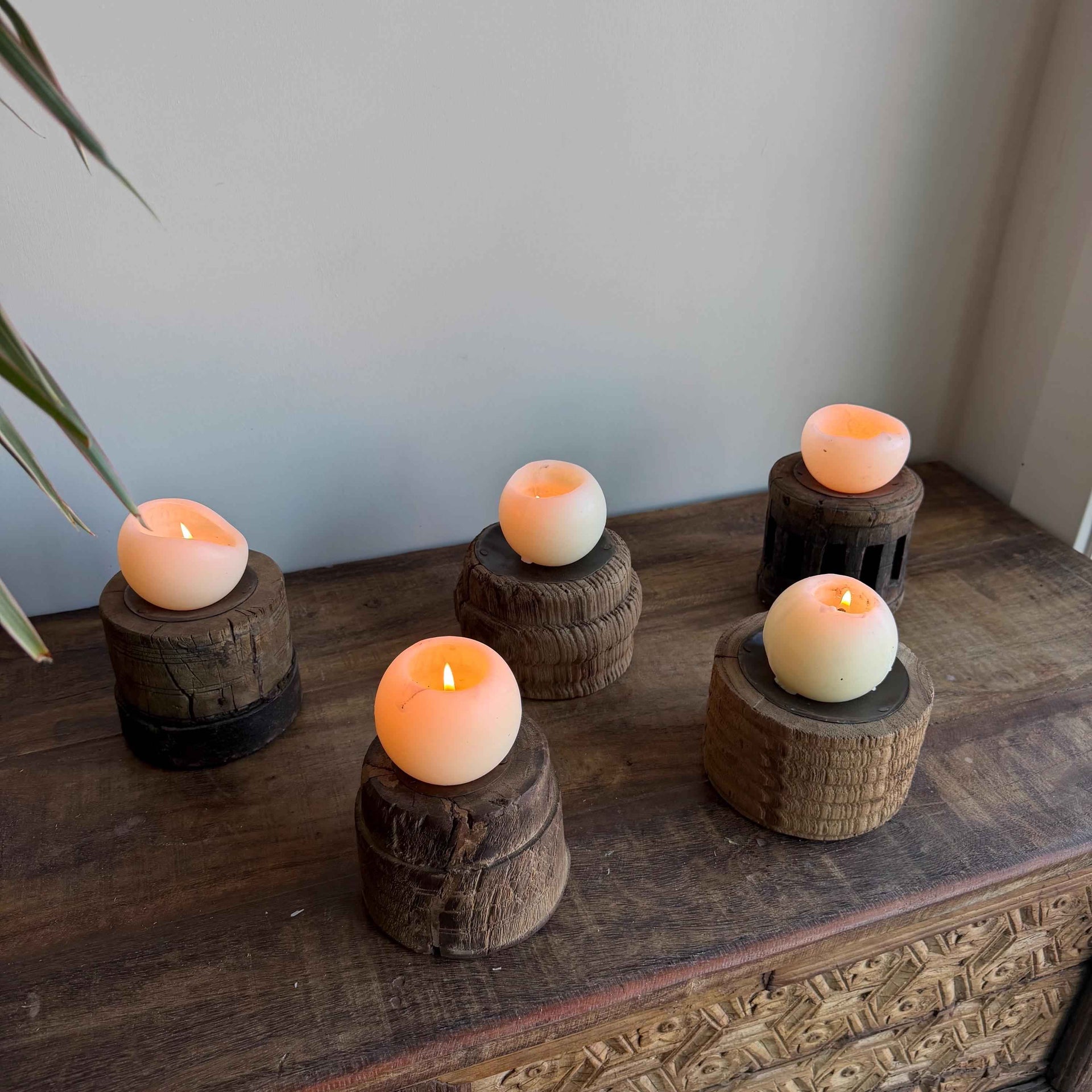 Vintage Wooden Wheel Candle Holder - Small