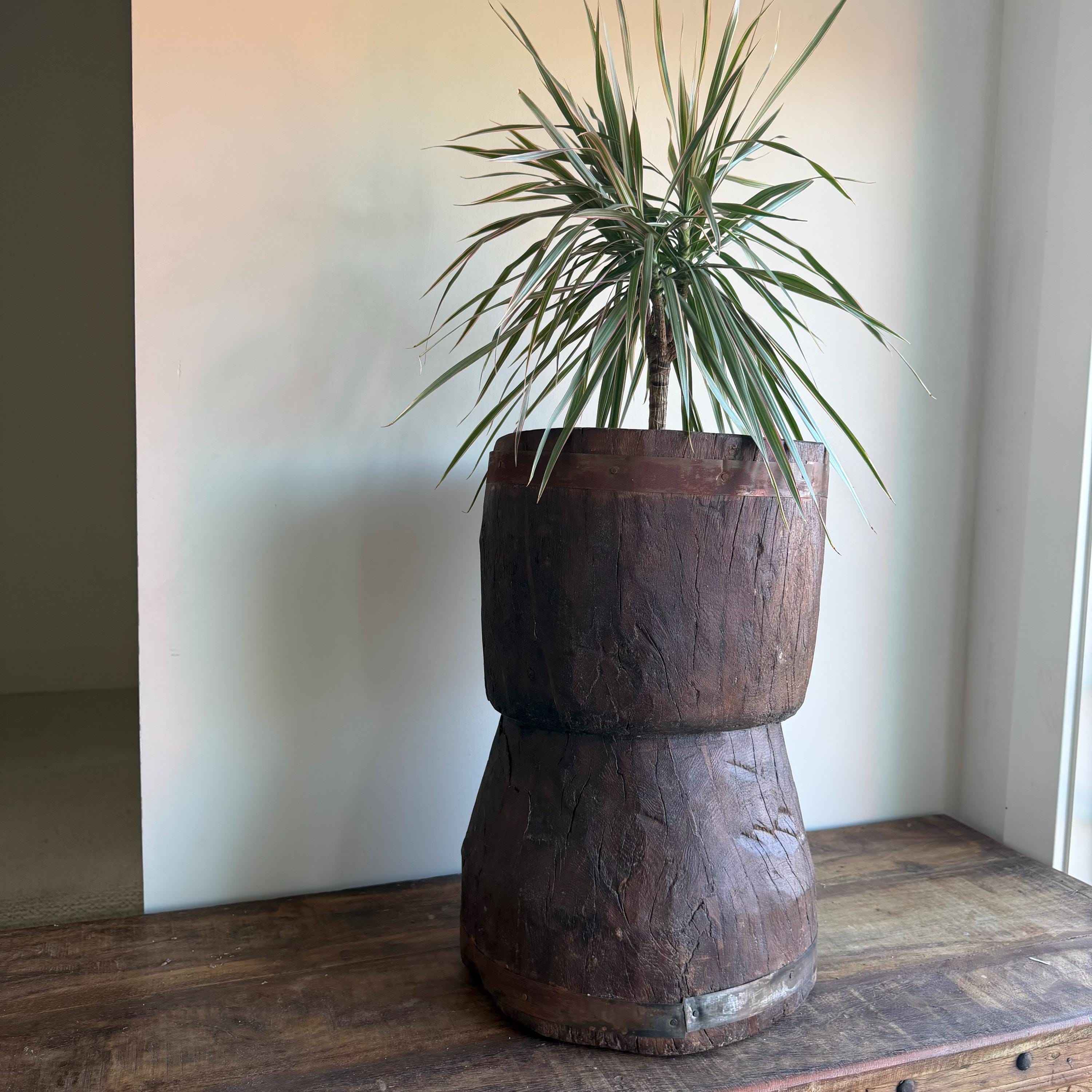 Antique Wooden Ukhali Planter 19" | Rustic Side Table