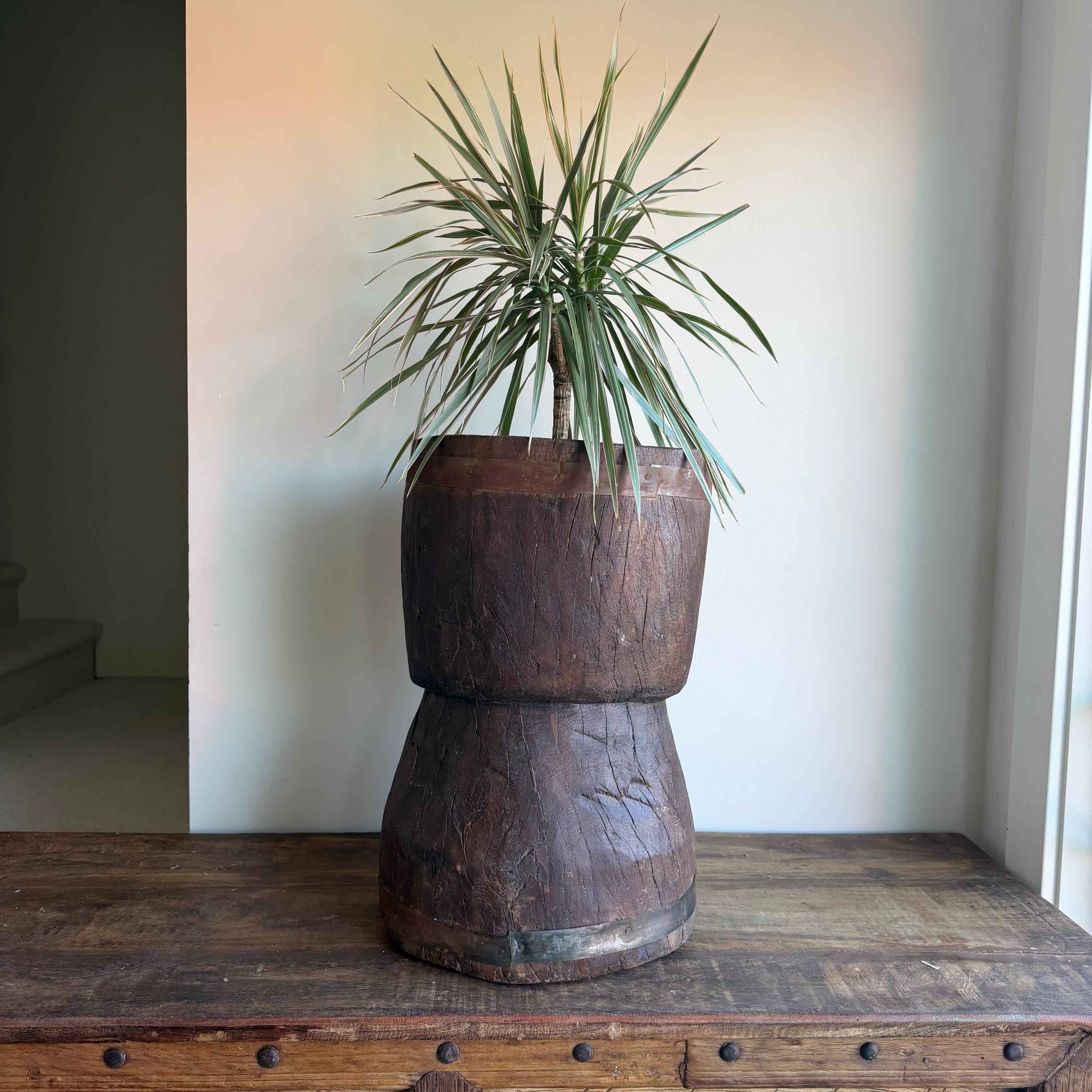 Antique Wooden Ukhali Planter 19" | Rustic Side Table