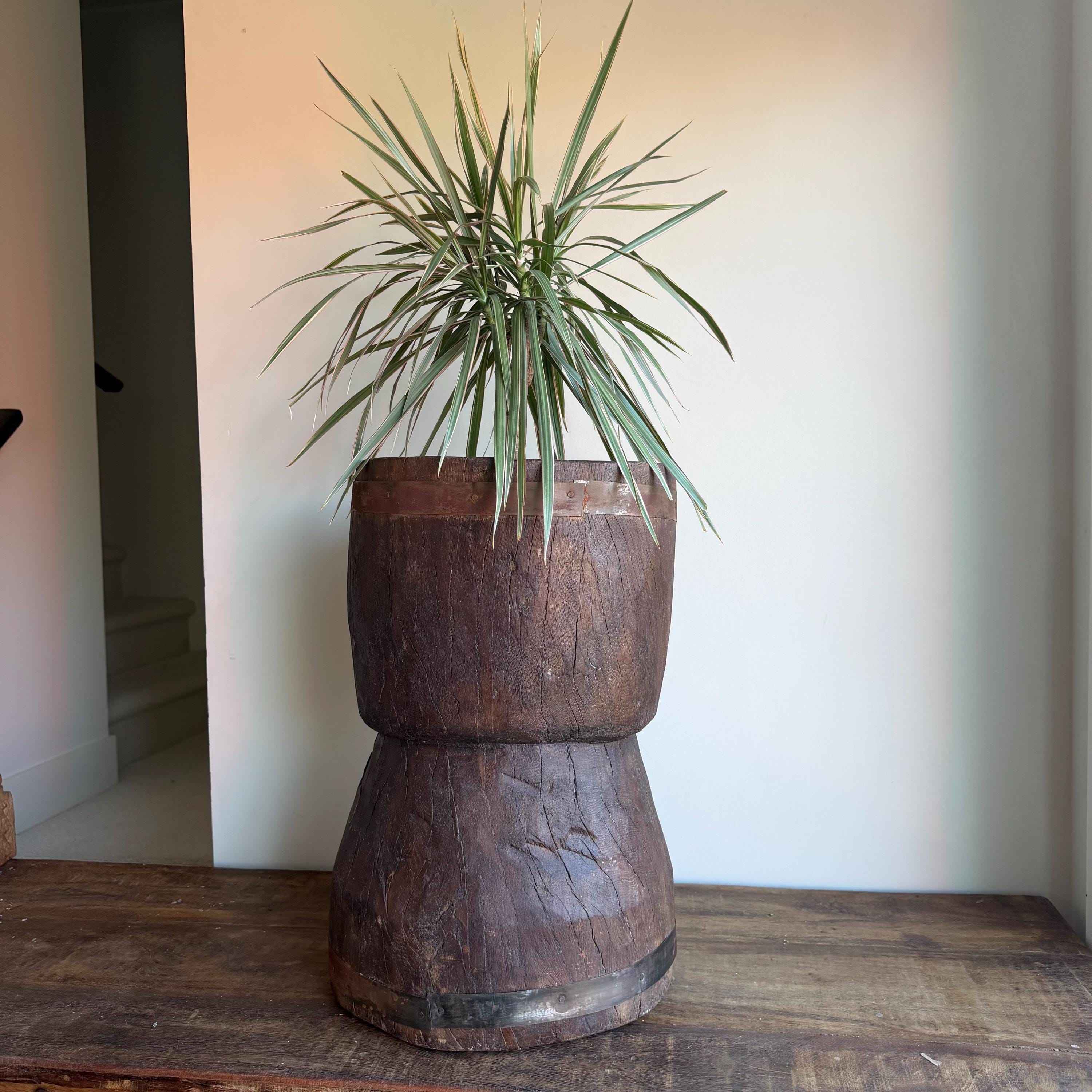 Antique Wooden Ukhali Planter 19" | Rustic Side Table