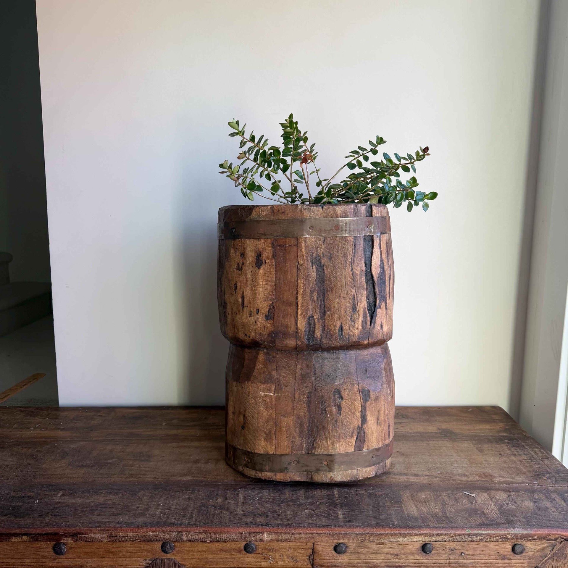 Antique Wooden Ukhali Planter 17" | Rustic Side Table