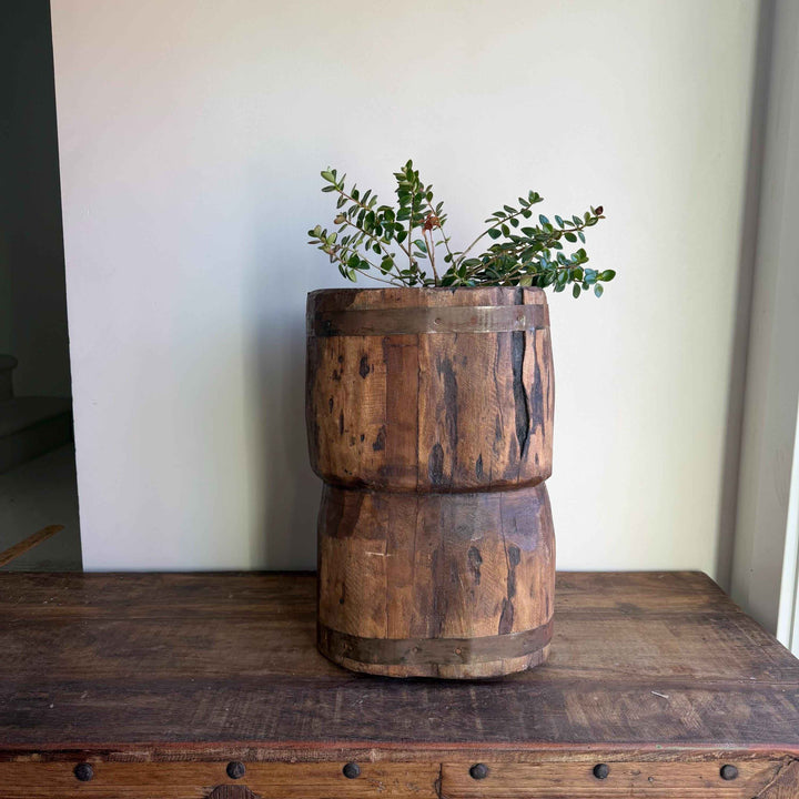 Antique Wooden Ukhali Planter 17" | Rustic Side Table