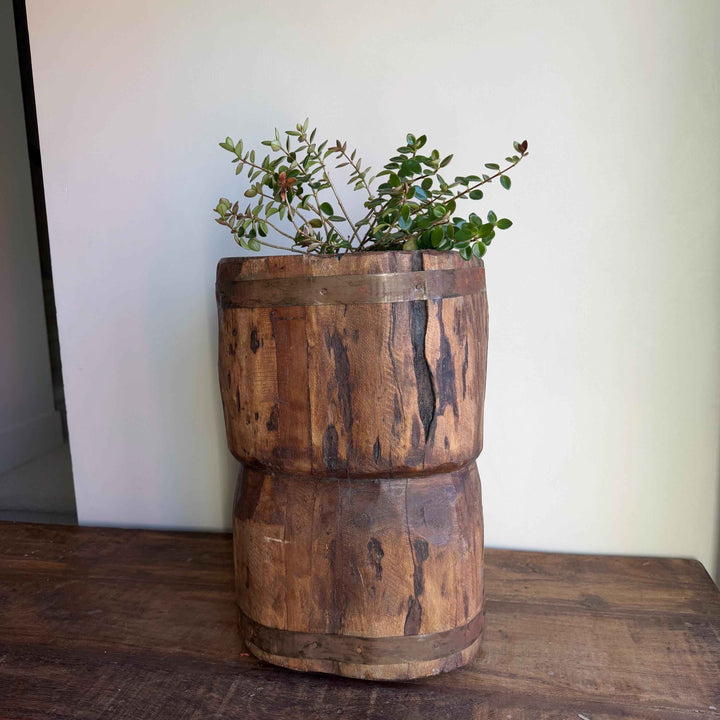 Antique Wooden Ukhali Planter 17" | Rustic Side Table