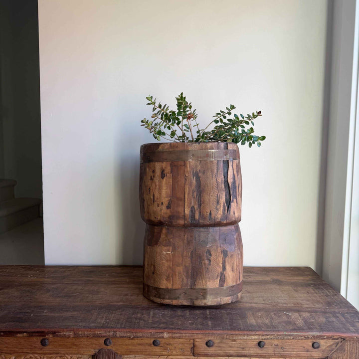 Antique Wooden Ukhali Planter 17" | Rustic Side Table