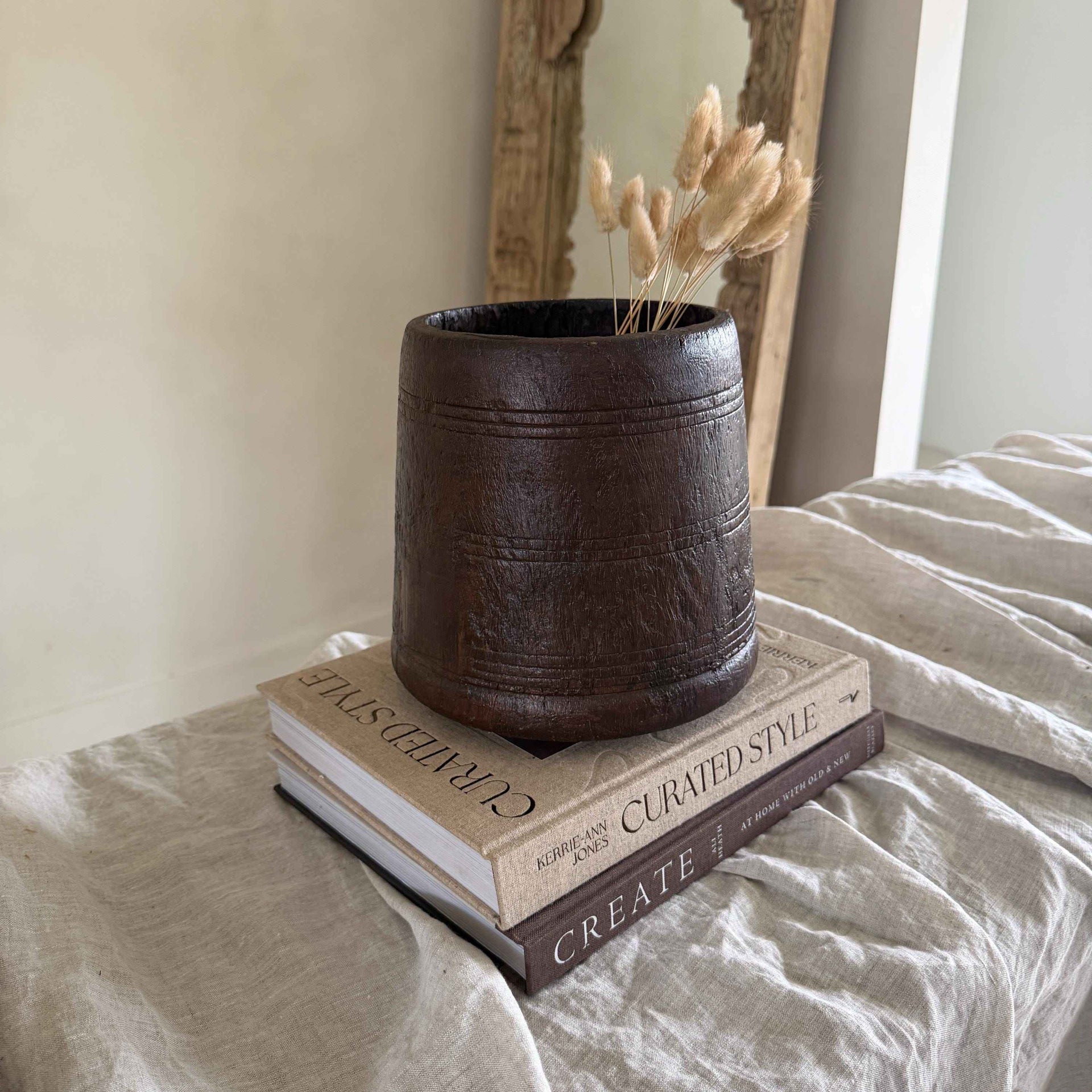 Vintage Wooden 8" Planter, Rustic Teak Pot, Antique Wooden Vase